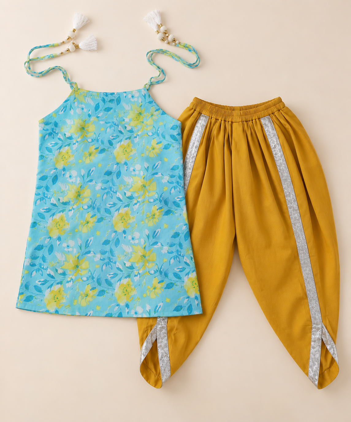 Girls Floral Printed 100% Cotton Kurti with Mustard Dhoti