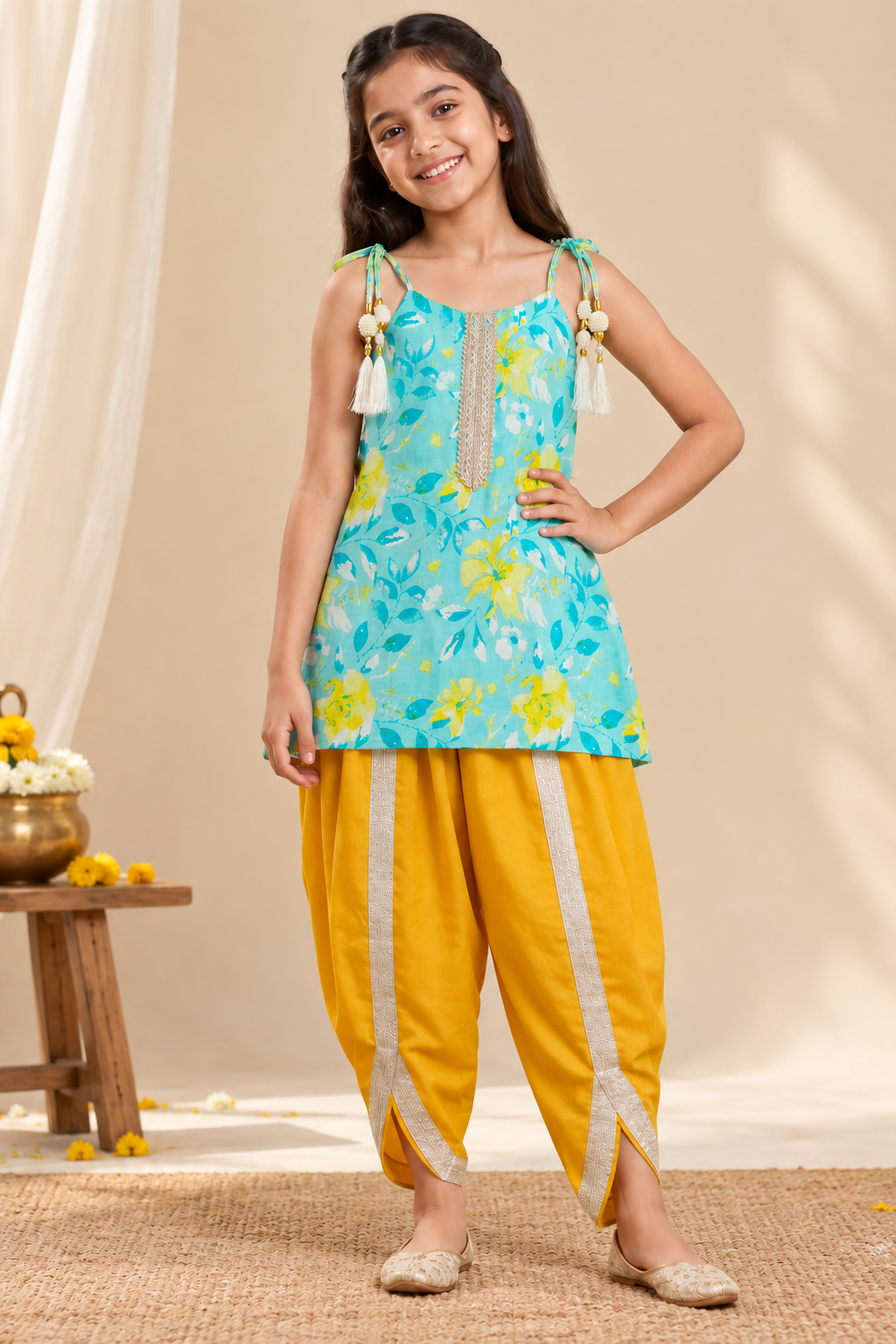 Girls Floral Printed 100% Cotton Kurti with Mustard Dhoti