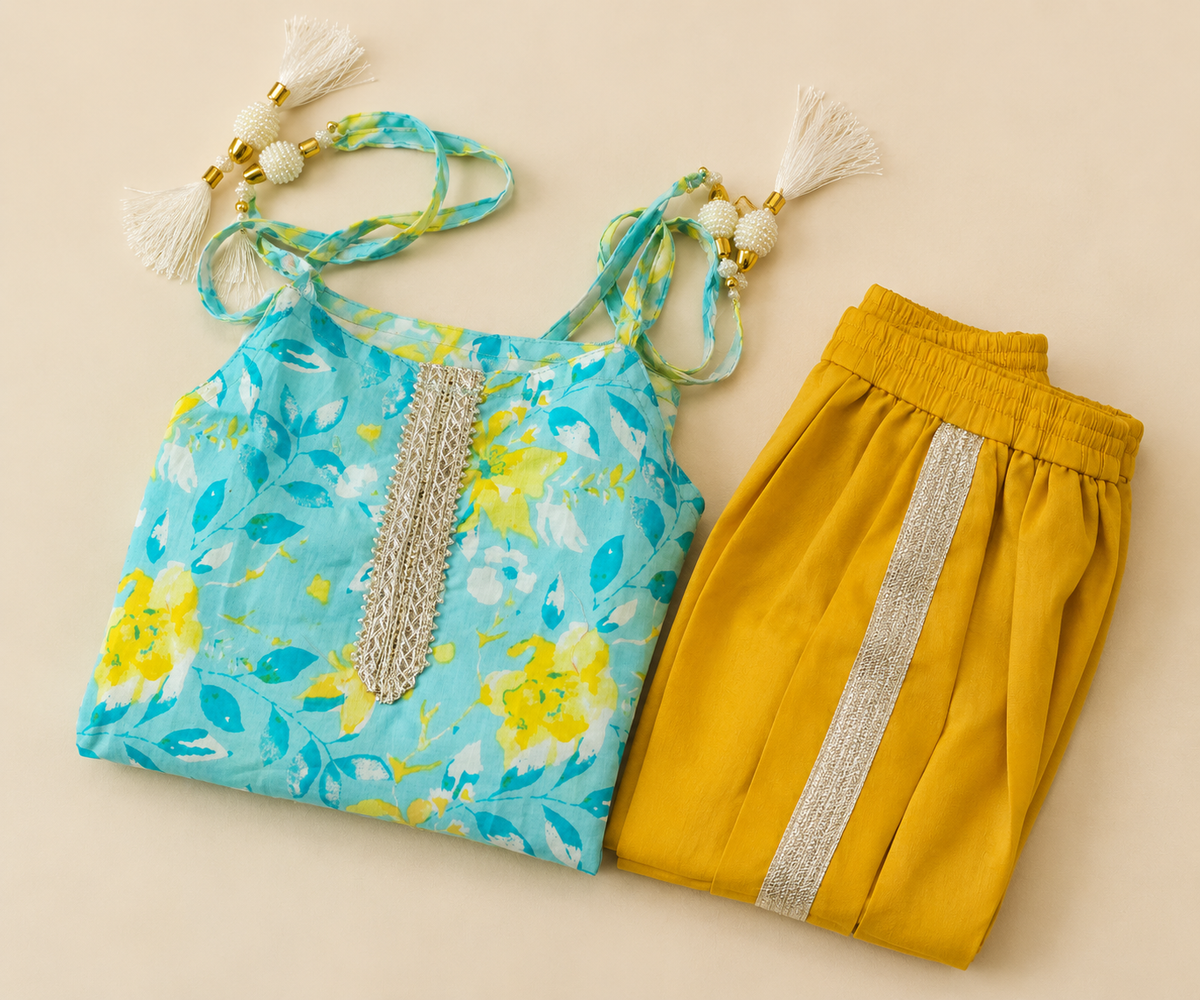 Girls Floral Printed 100% Cotton Kurti with Mustard Dhoti