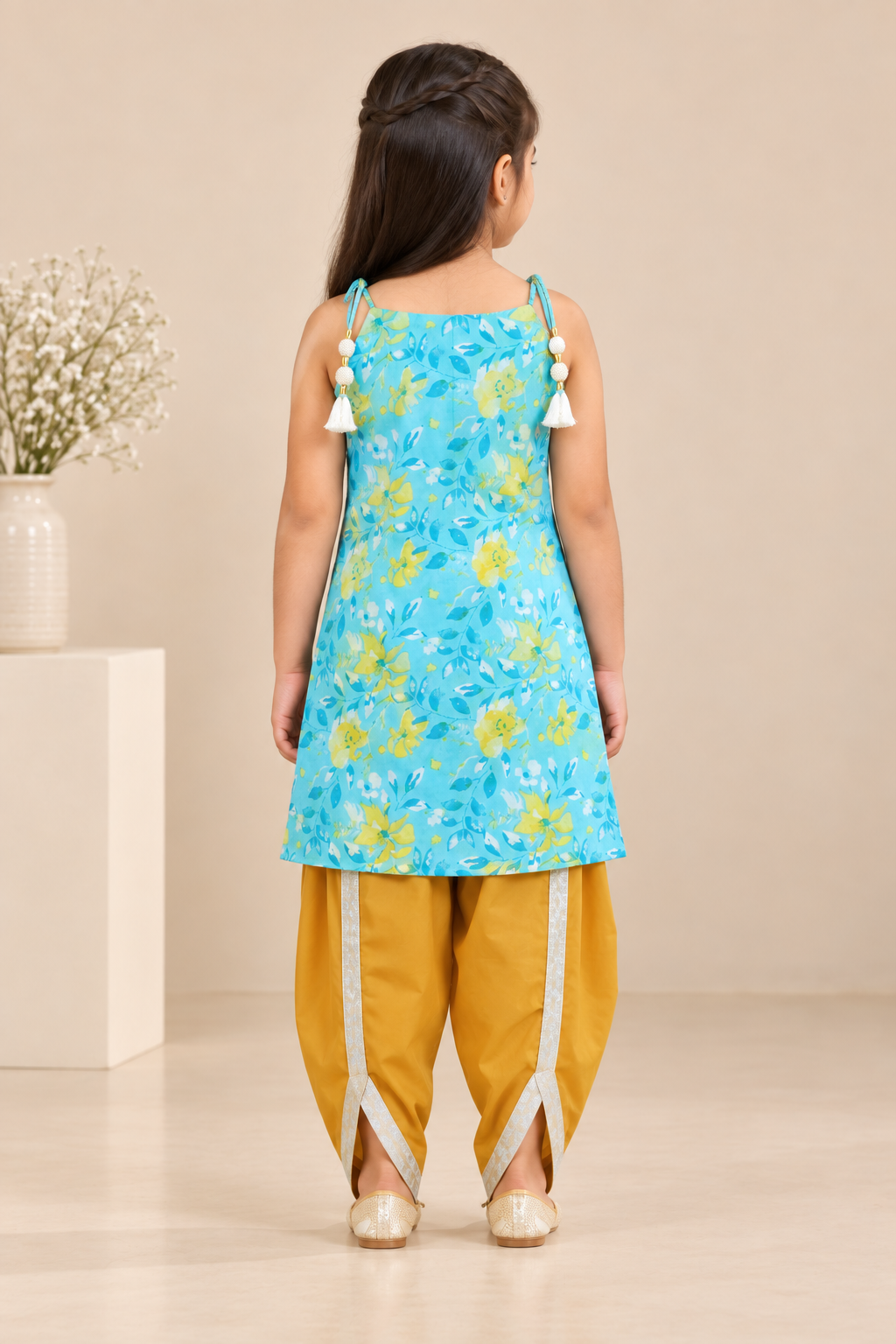 Girls Floral Printed 100% Cotton Kurti with Mustard Dhoti