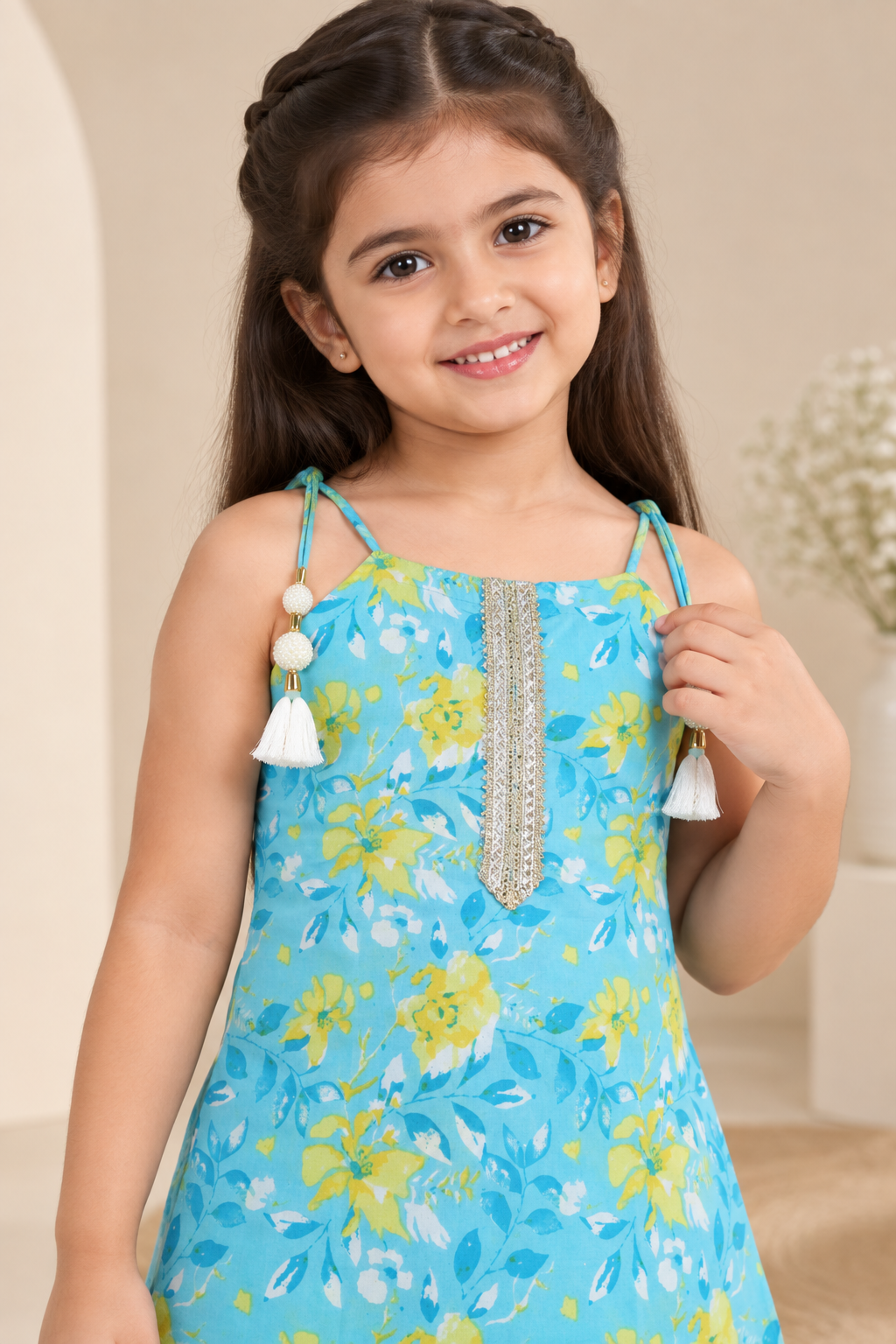 Girls Floral Printed 100% Cotton Kurti with Mustard Dhoti