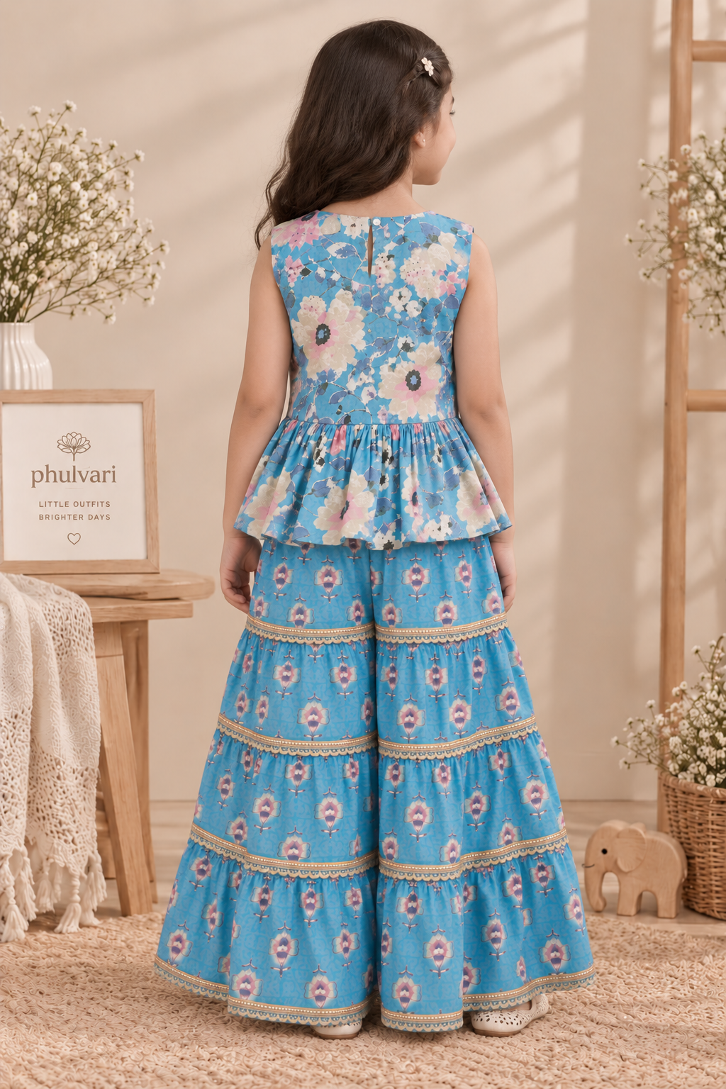 Girls Floral Printed 100% Cotton Peplum Kurta with Sharara