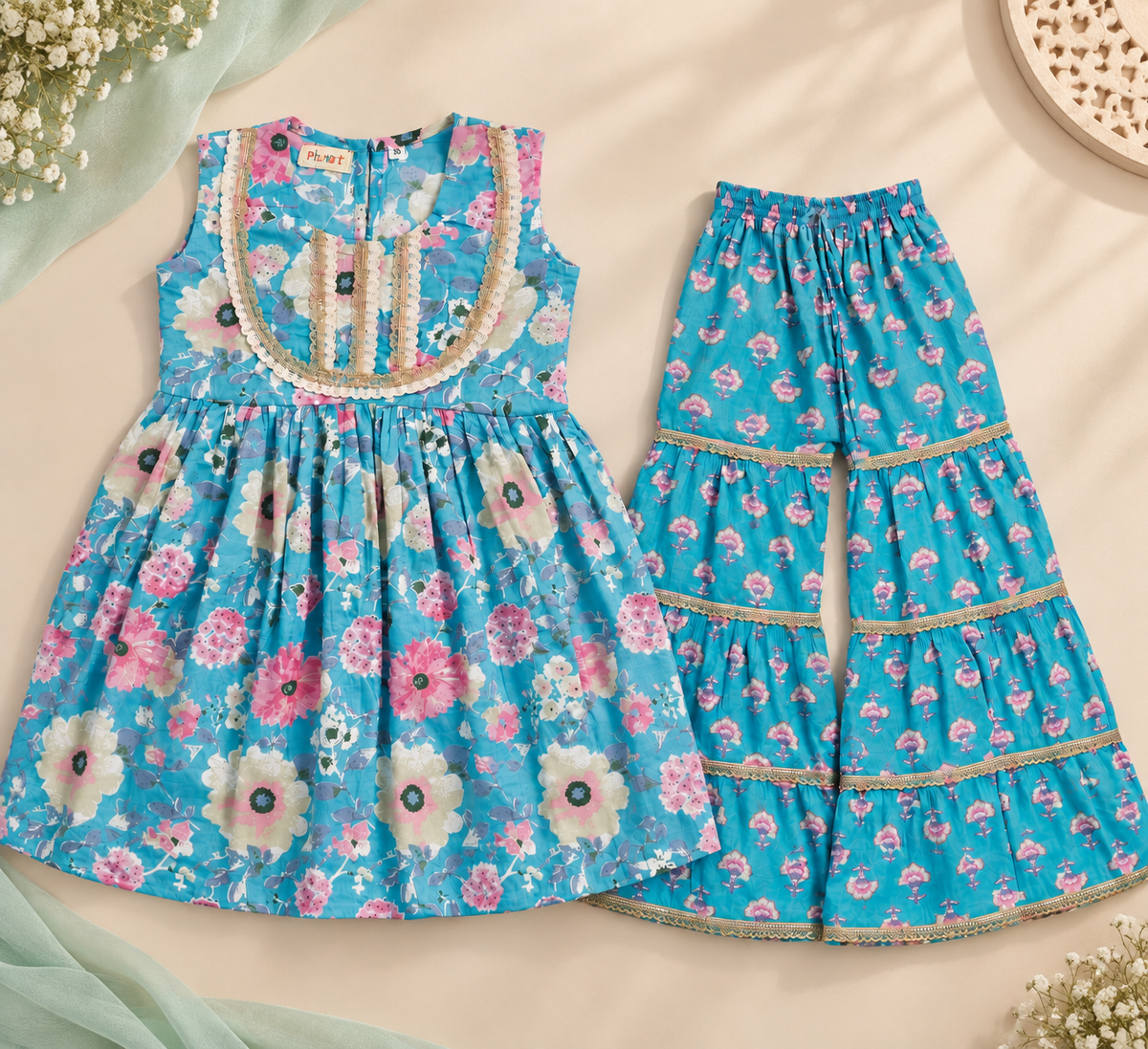 Girls Floral Printed 100% Cotton Peplum Kurta with Sharara