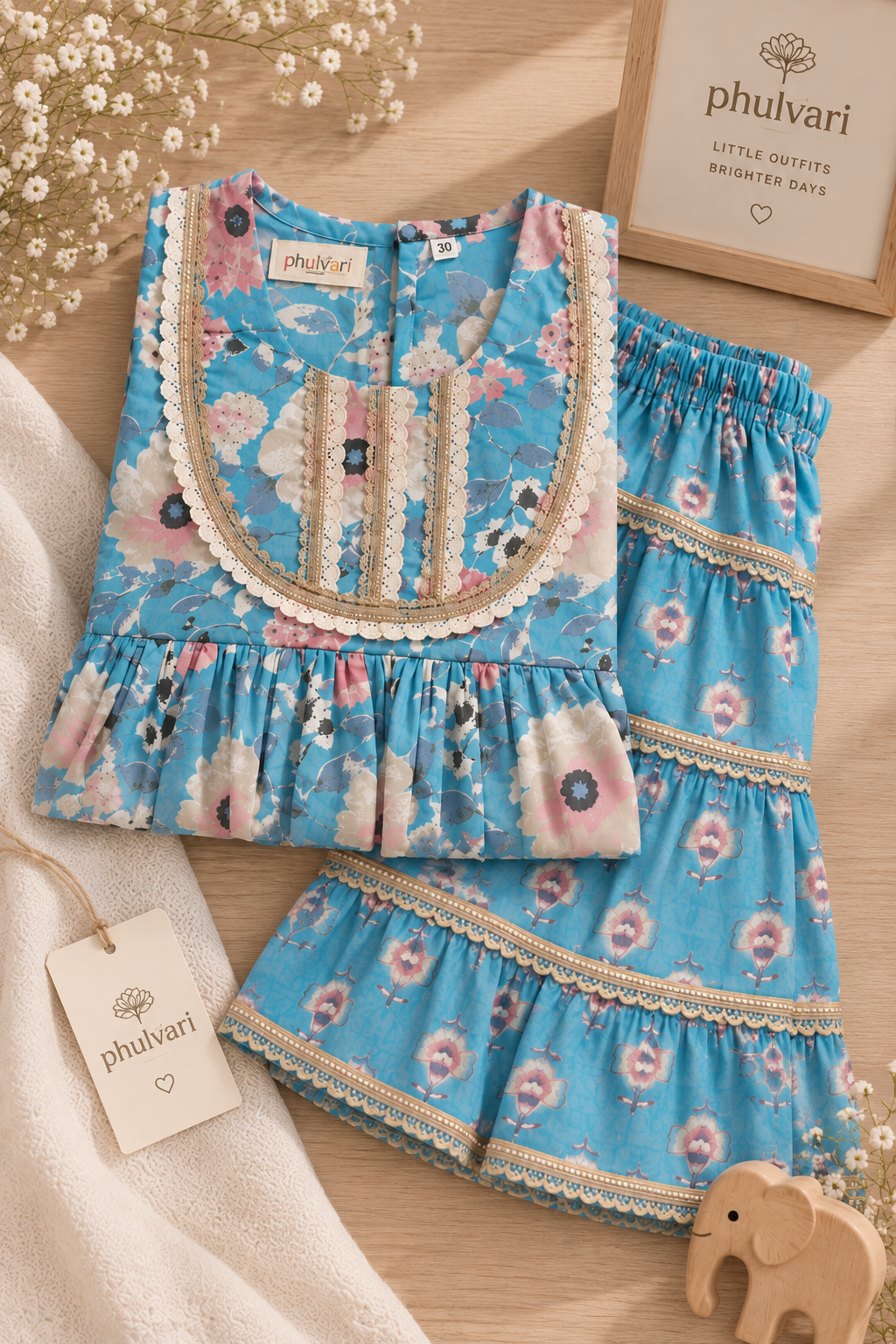 Girls Floral Printed 100% Cotton Peplum Kurta with Sharara