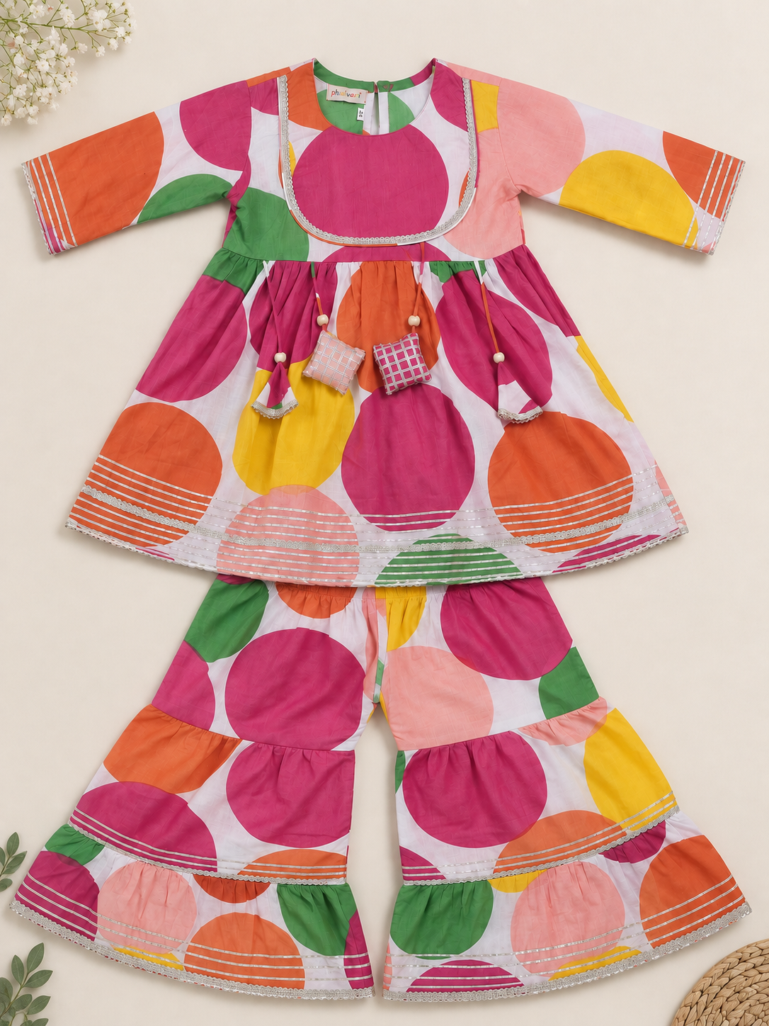 Girls Multicolour Polka Dot Printed 100% Cotton Kurti with Sharara