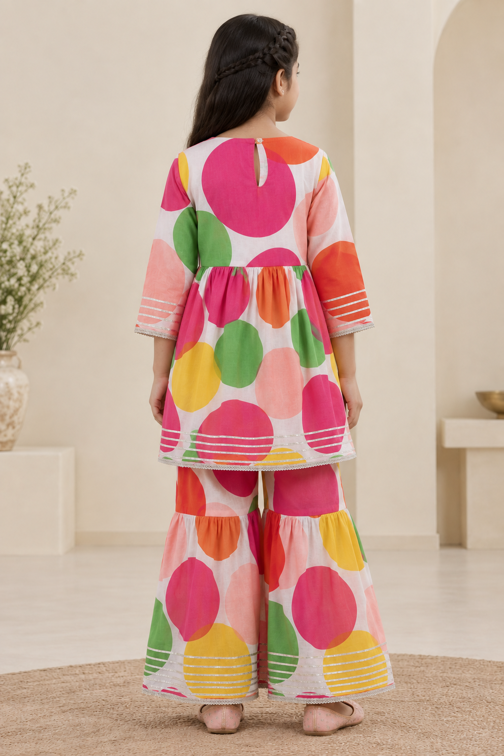 Girls Multicolour Polka Dot Printed 100% Cotton Kurti with Sharara