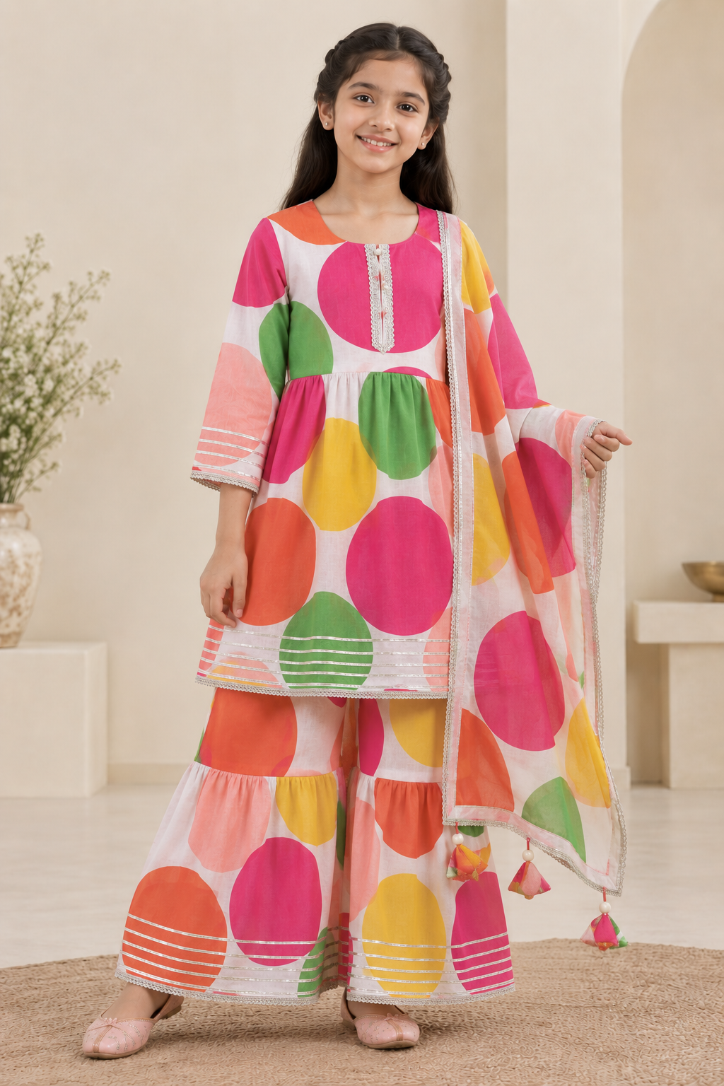 Girls Multicolour Polka Dot Printed 100% Cotton Kurti with Sharara