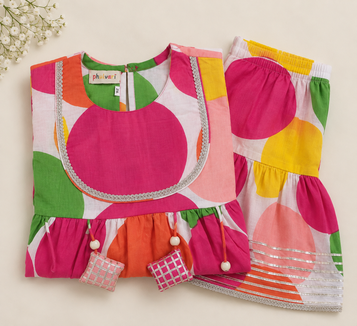 Girls Multicolour Polka Dot Printed 100% Cotton Kurti with Sharara