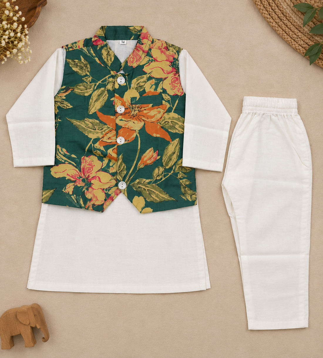 Boys Floral Printed 100% Cotton Kurta with Trousers & Nehru Jacket