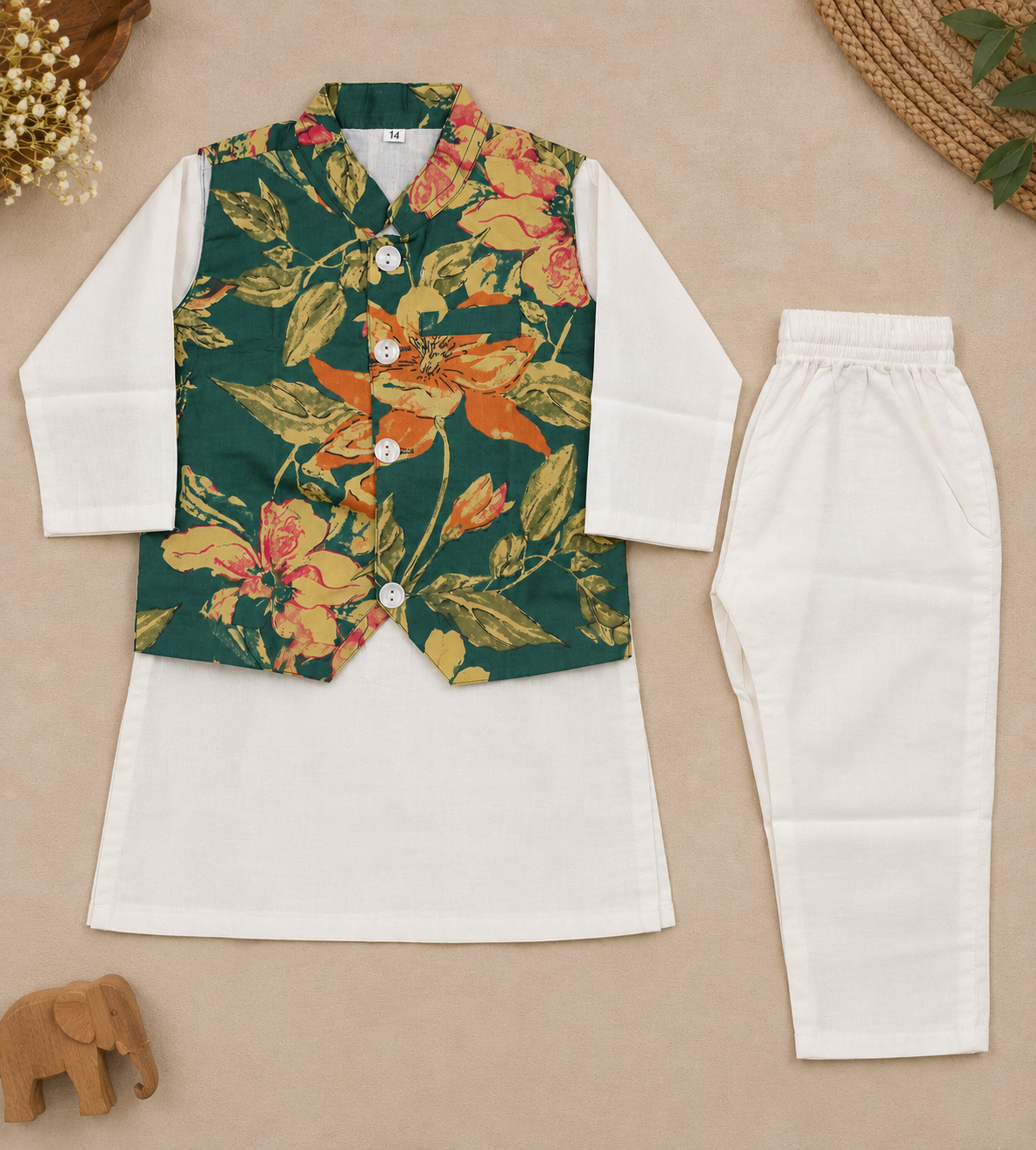 Boys Floral Printed 100% Cotton Kurta with Trousers & Nehru Jacket