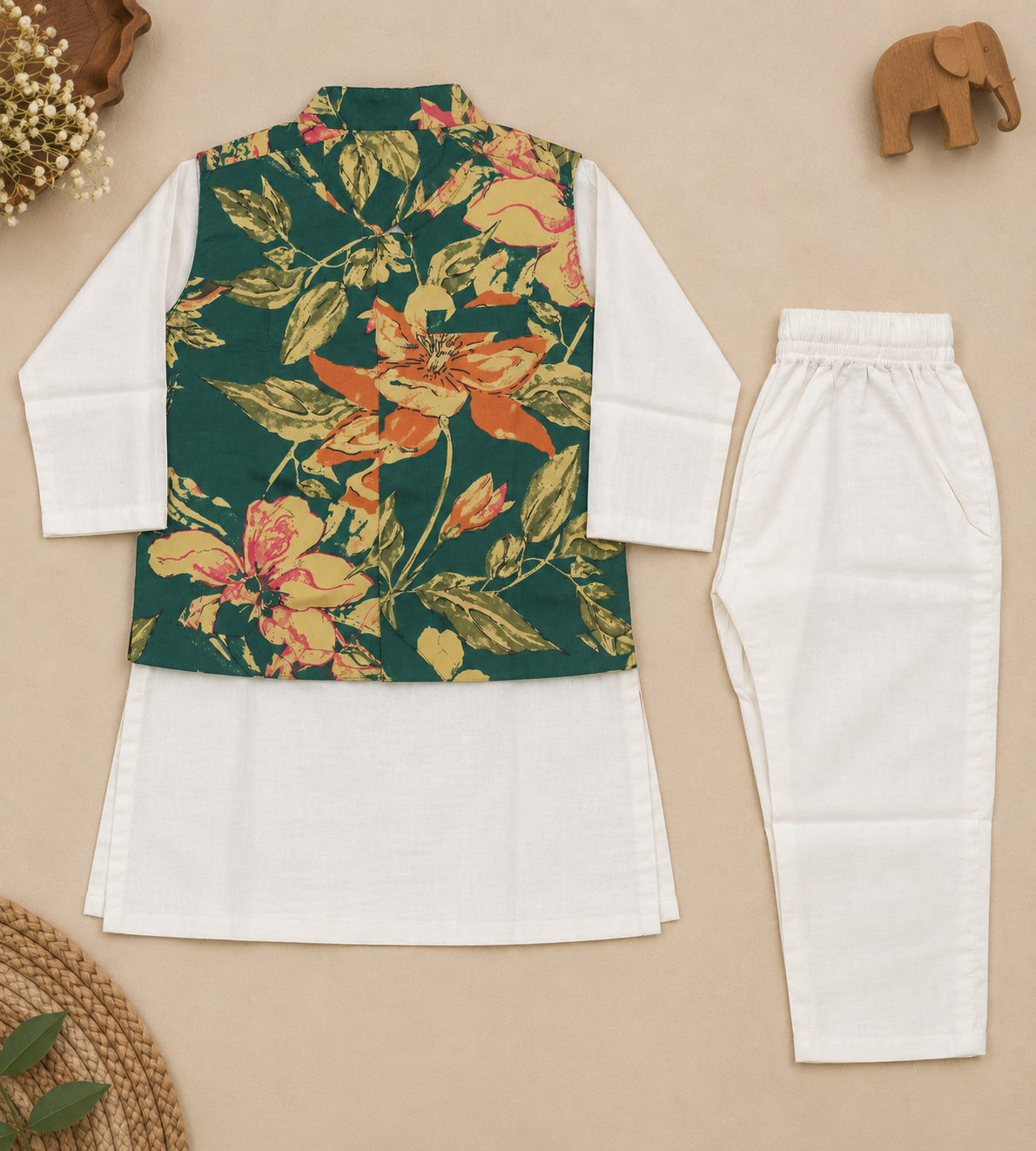 Boys Floral Printed 100% Cotton Kurta with Trousers & Nehru Jacket