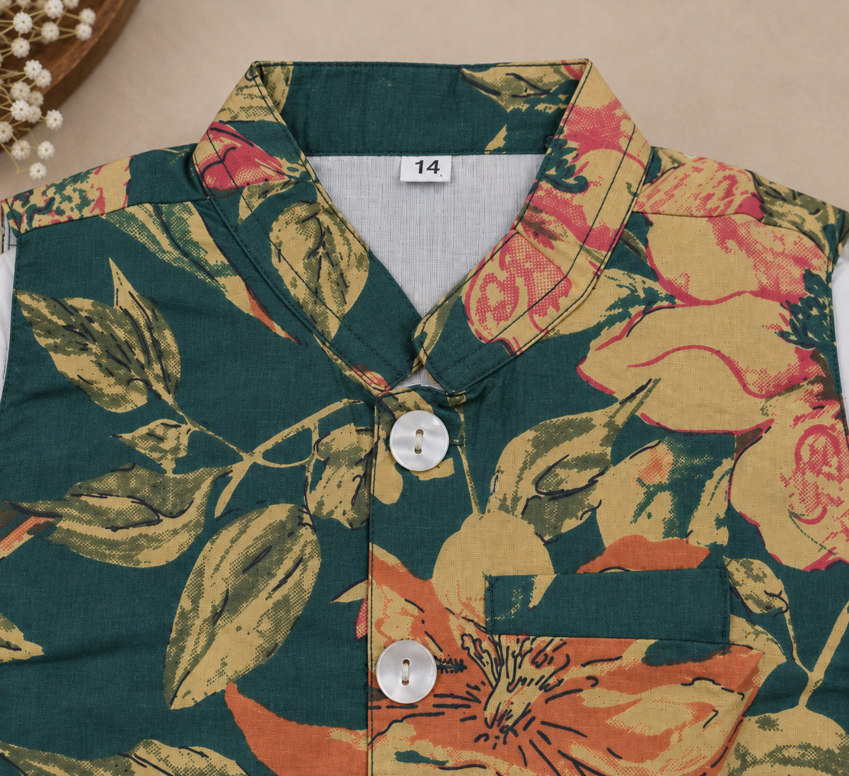Boys Floral Printed 100% Cotton Kurta with Trousers & Nehru Jacket