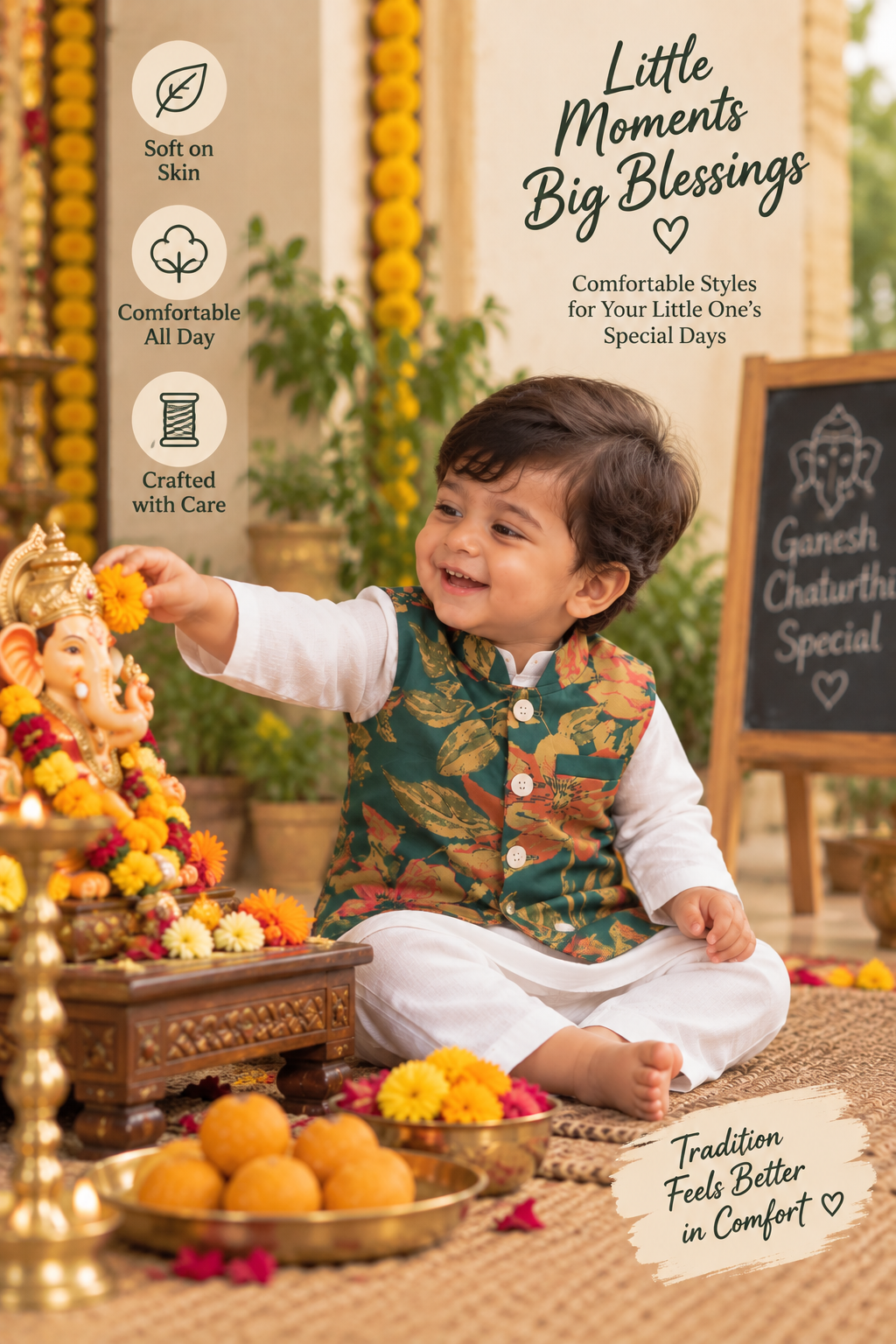 Boys Floral Printed 100% Cotton Kurta with Trousers & Nehru Jacket