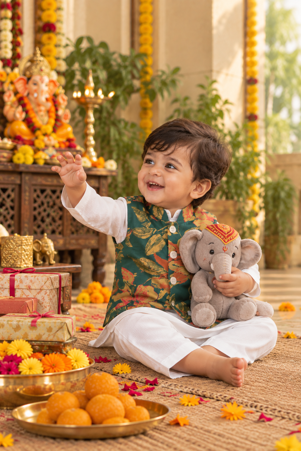 Boys Floral Printed 100% Cotton Kurta with Trousers & Nehru Jacket