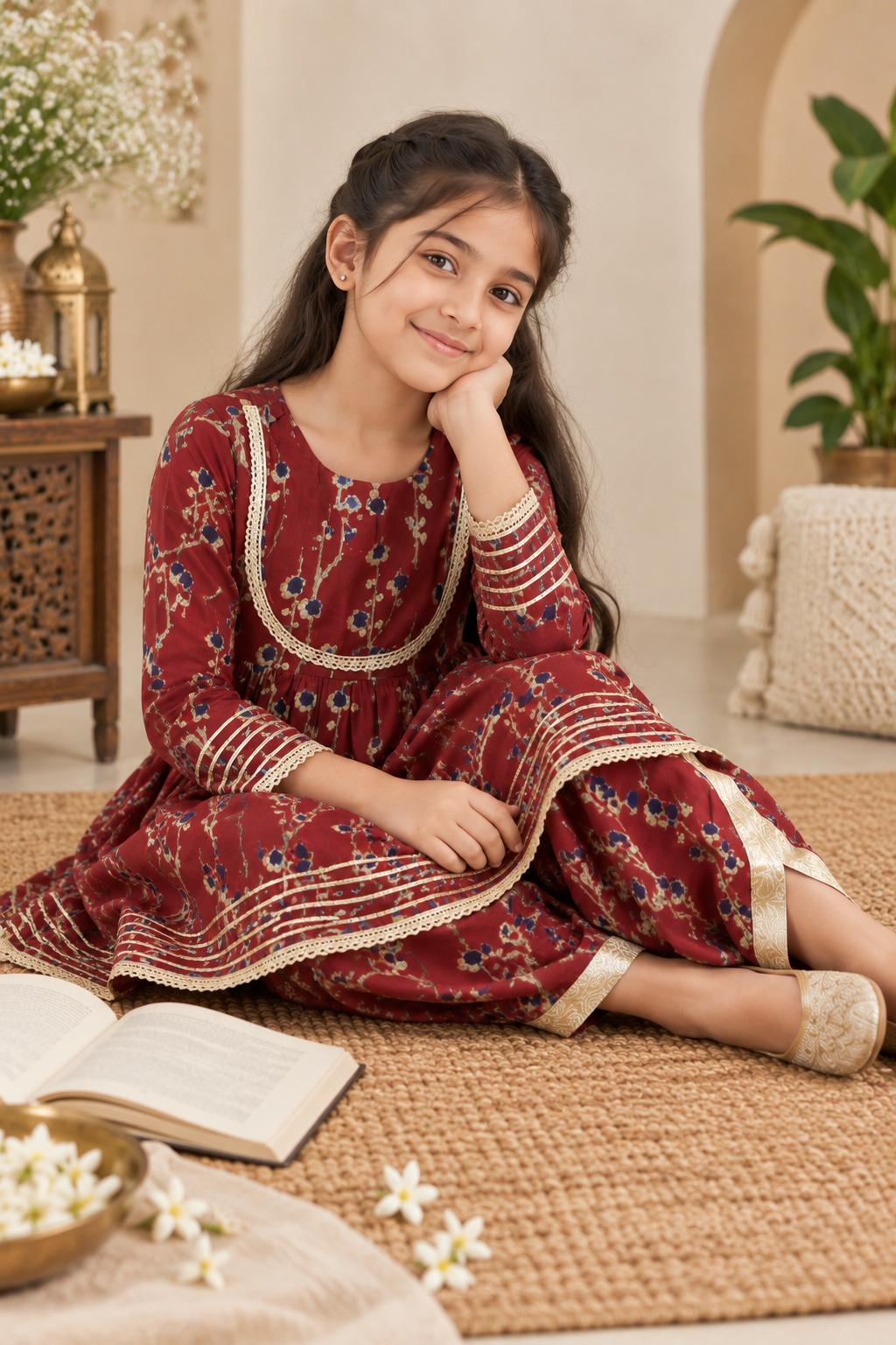 Girls Floral Printed 100% Cotton Kurti with Dhoti
