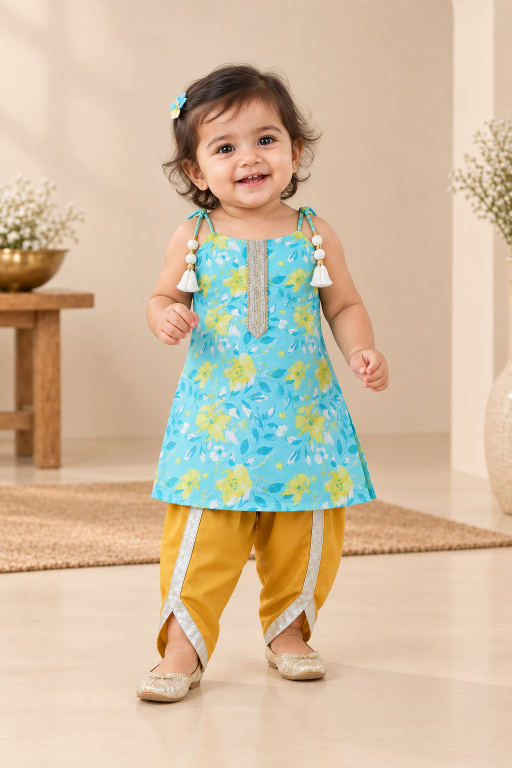 Girls Floral Printed 100% Cotton Kurti with Mustard Dhoti