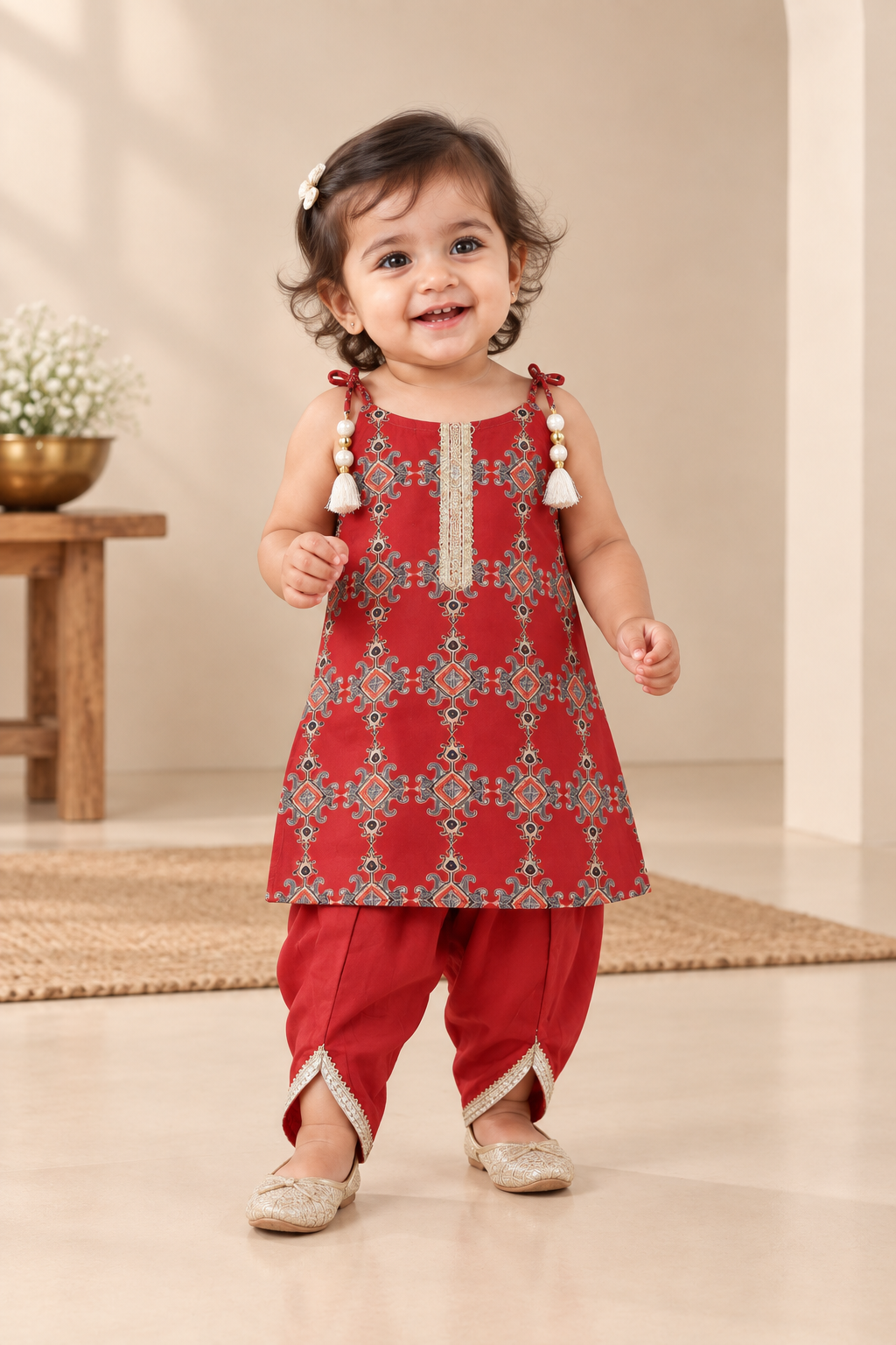 Girls Ethnic Printed 100% Cotton Top with Embellished Dhoti Pants