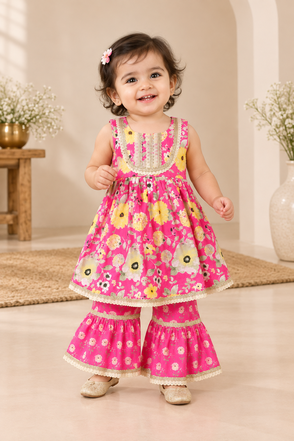 Girls Floral Printed 100% Cotton Kurti with Sharara