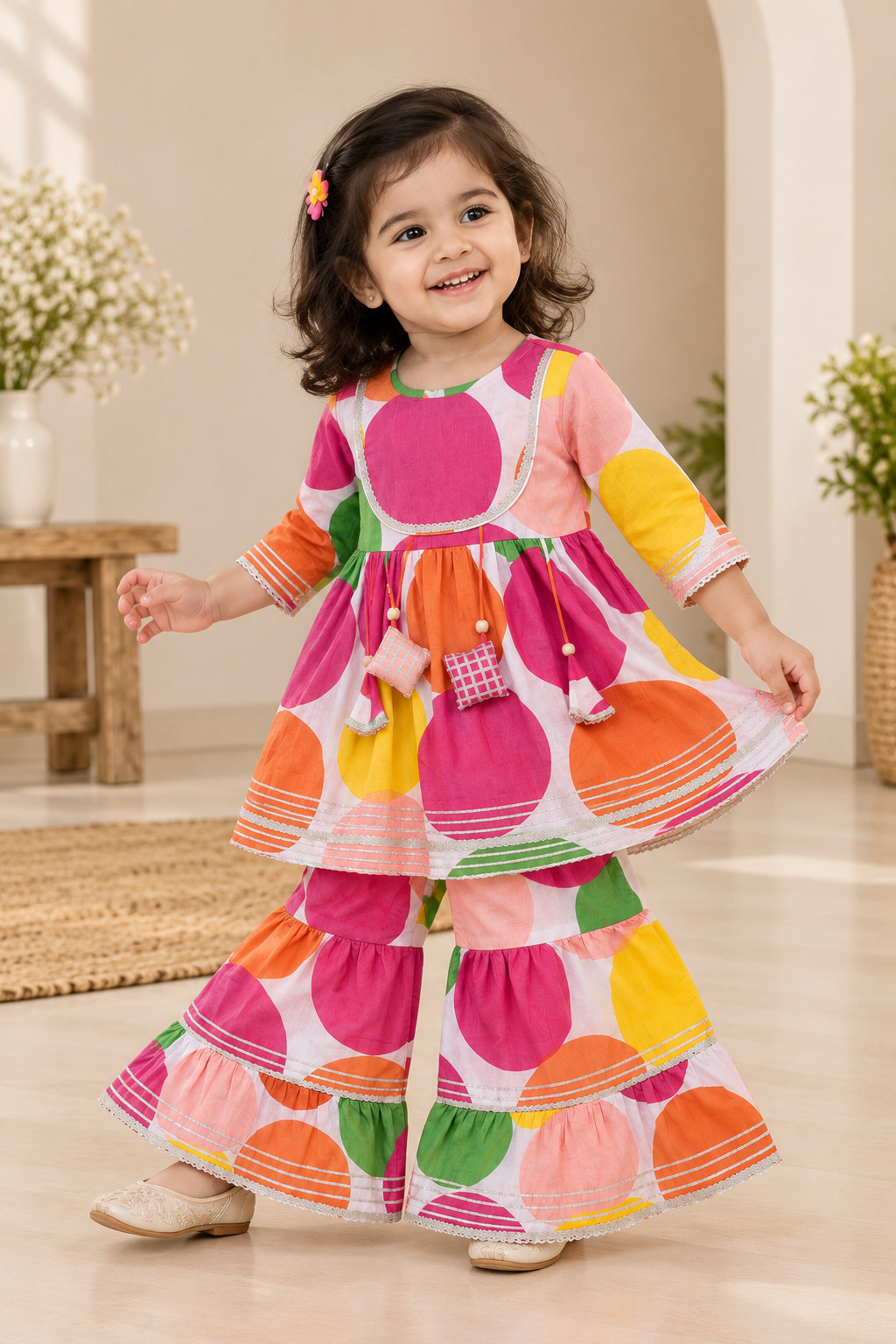 Girls Multicolour Polka Dot Printed 100% Cotton Kurti with Sharara