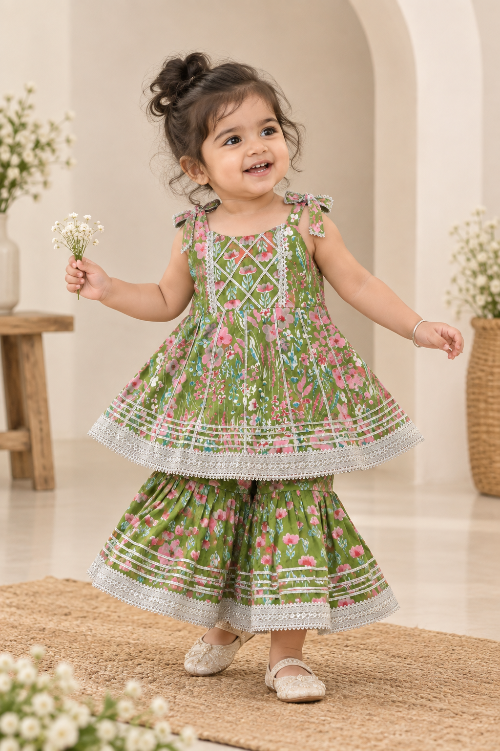 Girls Floral Printed 100% Cotton Kurti with Sharara