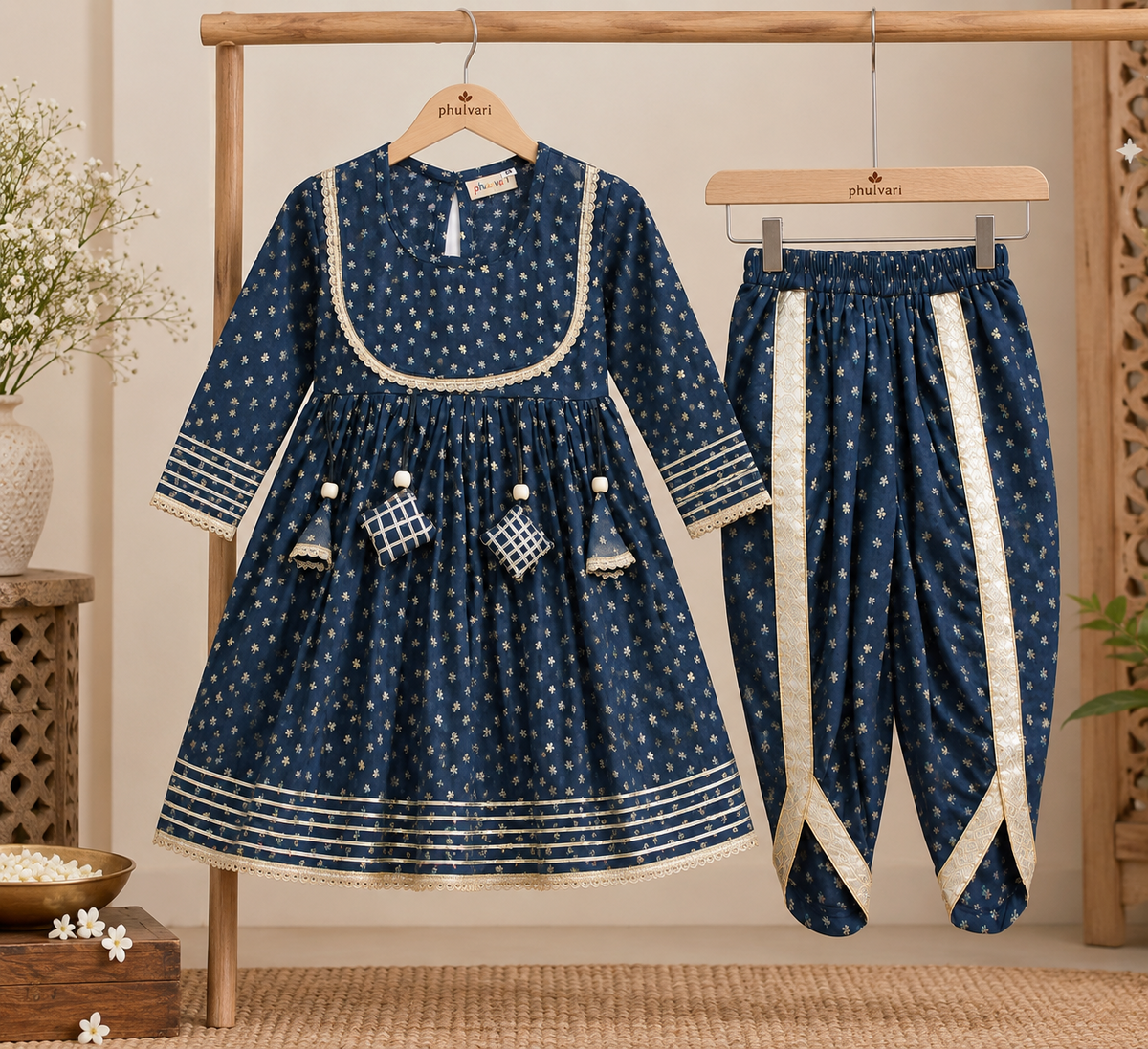 Girls Ethnic Printed 100% Cotton Kurta with Dhoti