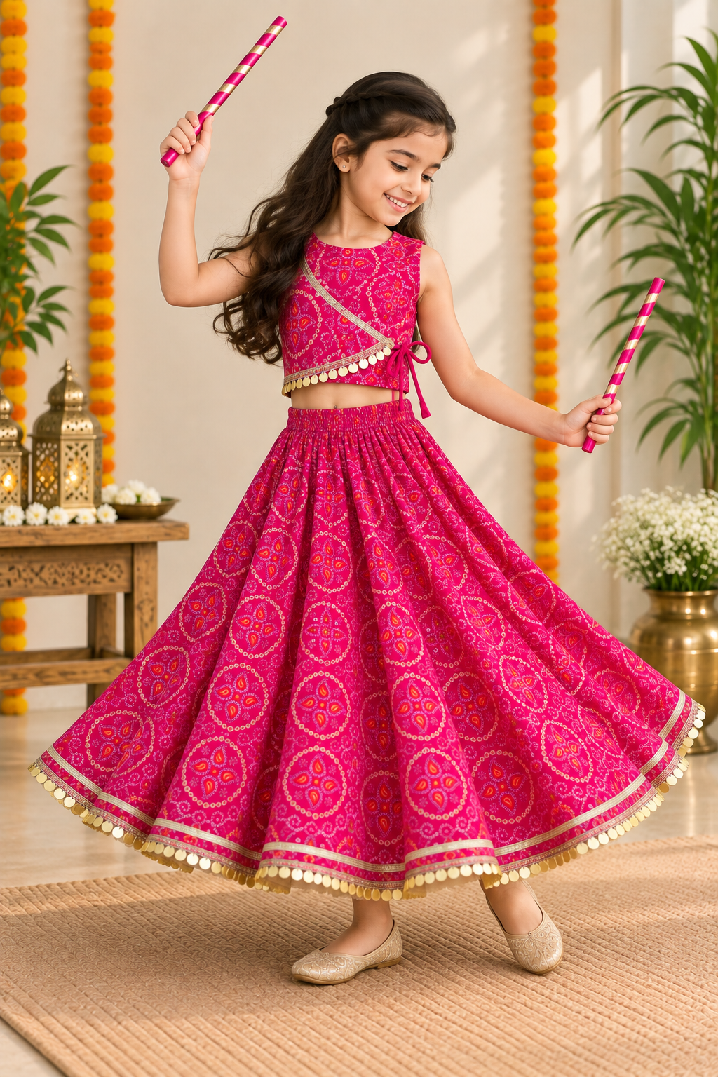 Girls Bandhani Printed 100% Cotton Lehenga Choli