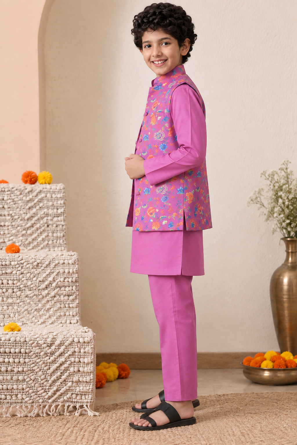 Boys Solid Pure Cotton Kurta with Pyjamas & Printed Nehru Jacket