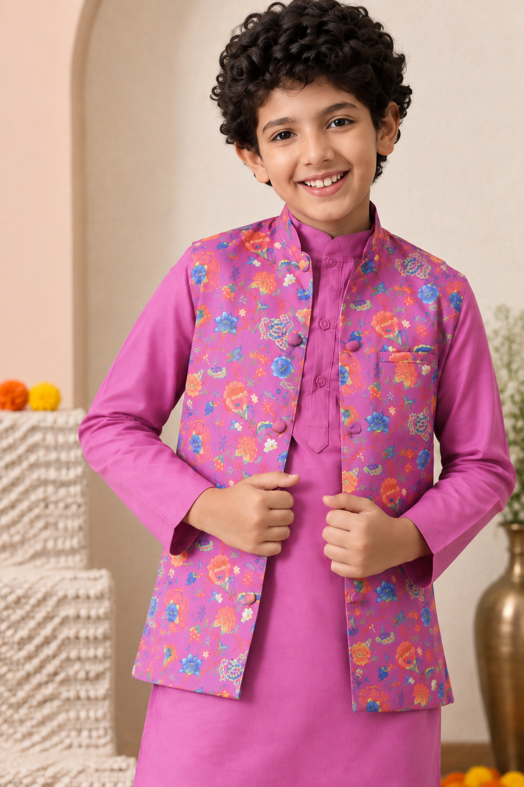 Boys Solid Pure Cotton Kurta with Pyjamas & Printed Nehru Jacket
