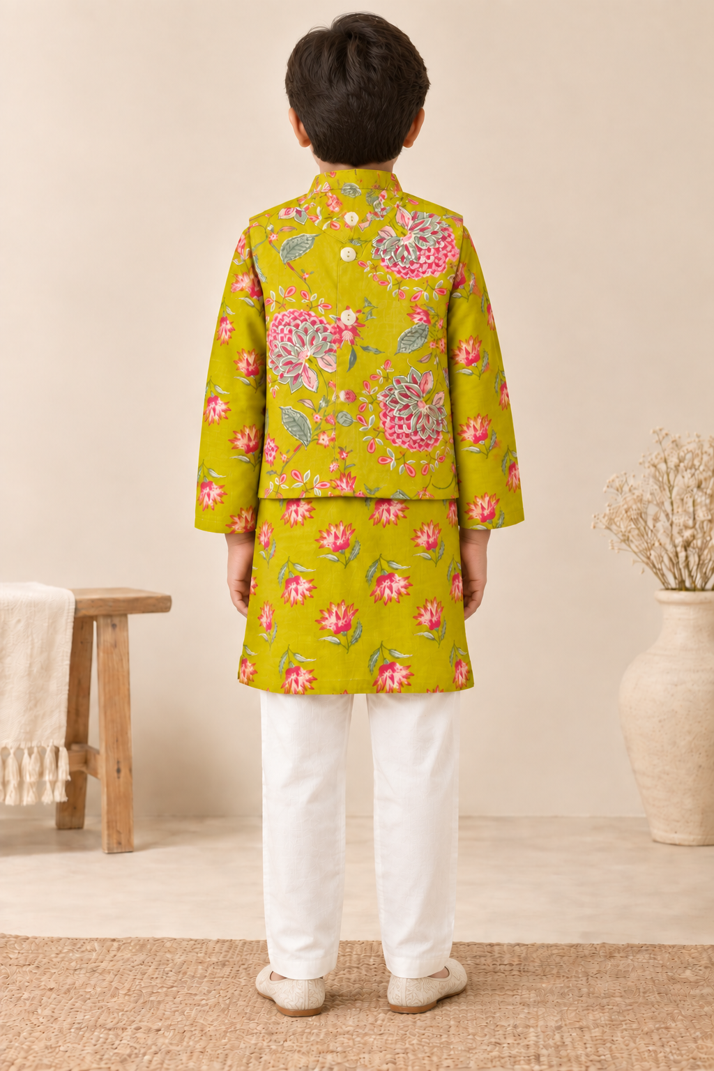 Boys Floral Printed 100% Cotton Kurta with Trousers & Nehru Jacket