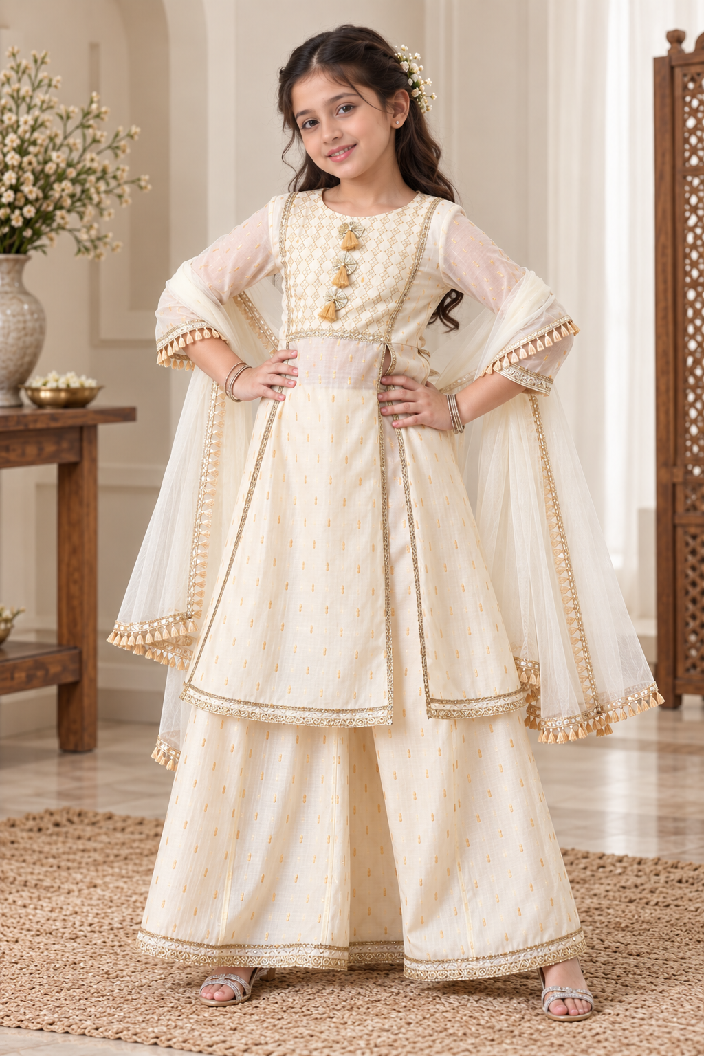 Girls Ethnic Motifs Thread Work Chanderi Silk Kurta with Palazzos & Dupatta