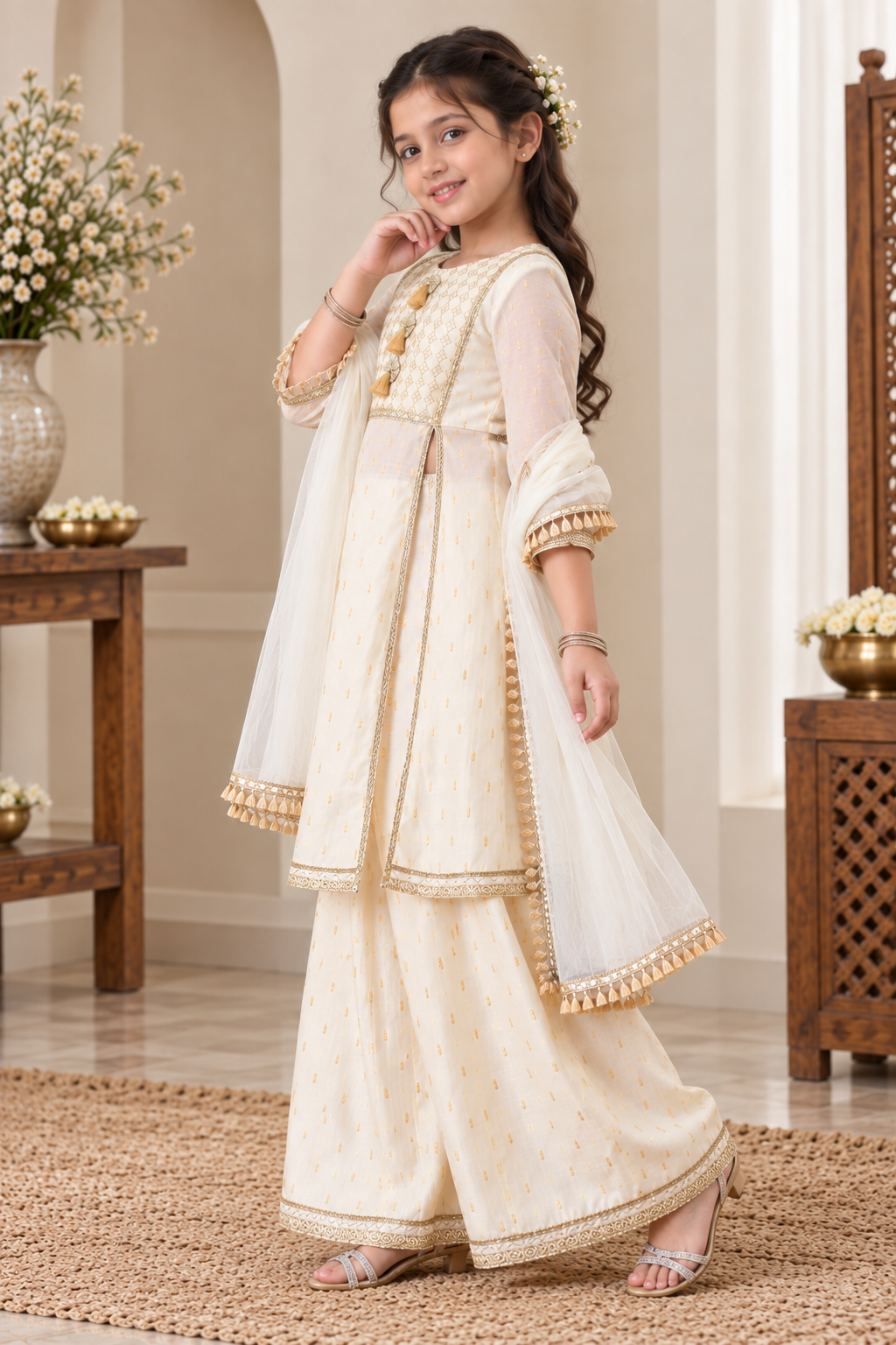 Girls Ethnic Motifs Thread Work Chanderi Silk Kurta with Palazzos & Dupatta