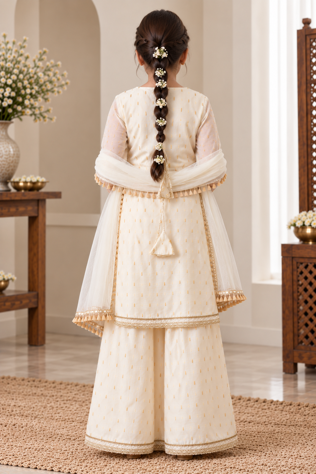Girls Ethnic Motifs Thread Work Chanderi Silk Kurta with Palazzos & Dupatta