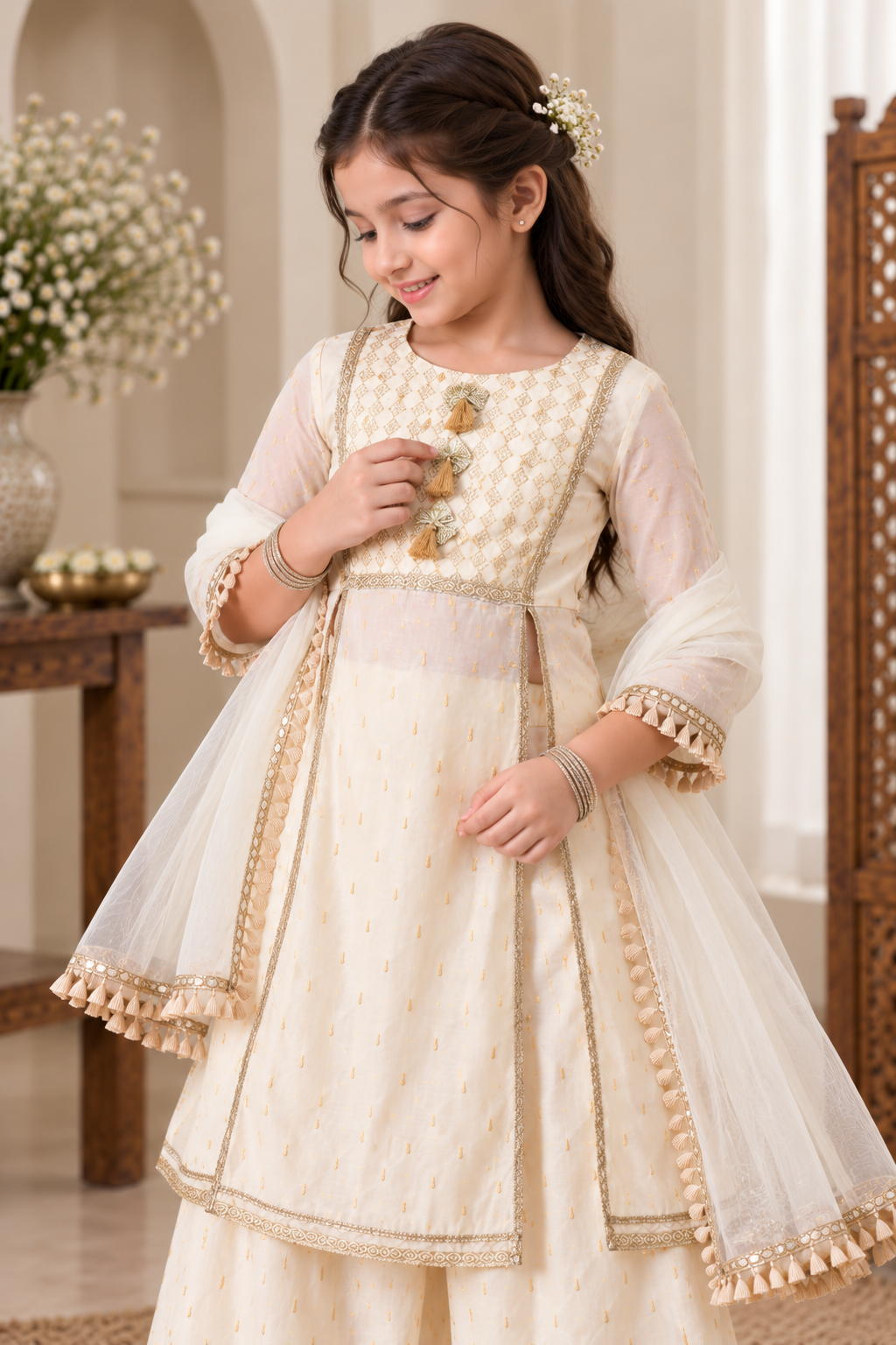 Girls Ethnic Motifs Thread Work Chanderi Silk Kurta with Palazzos & Dupatta