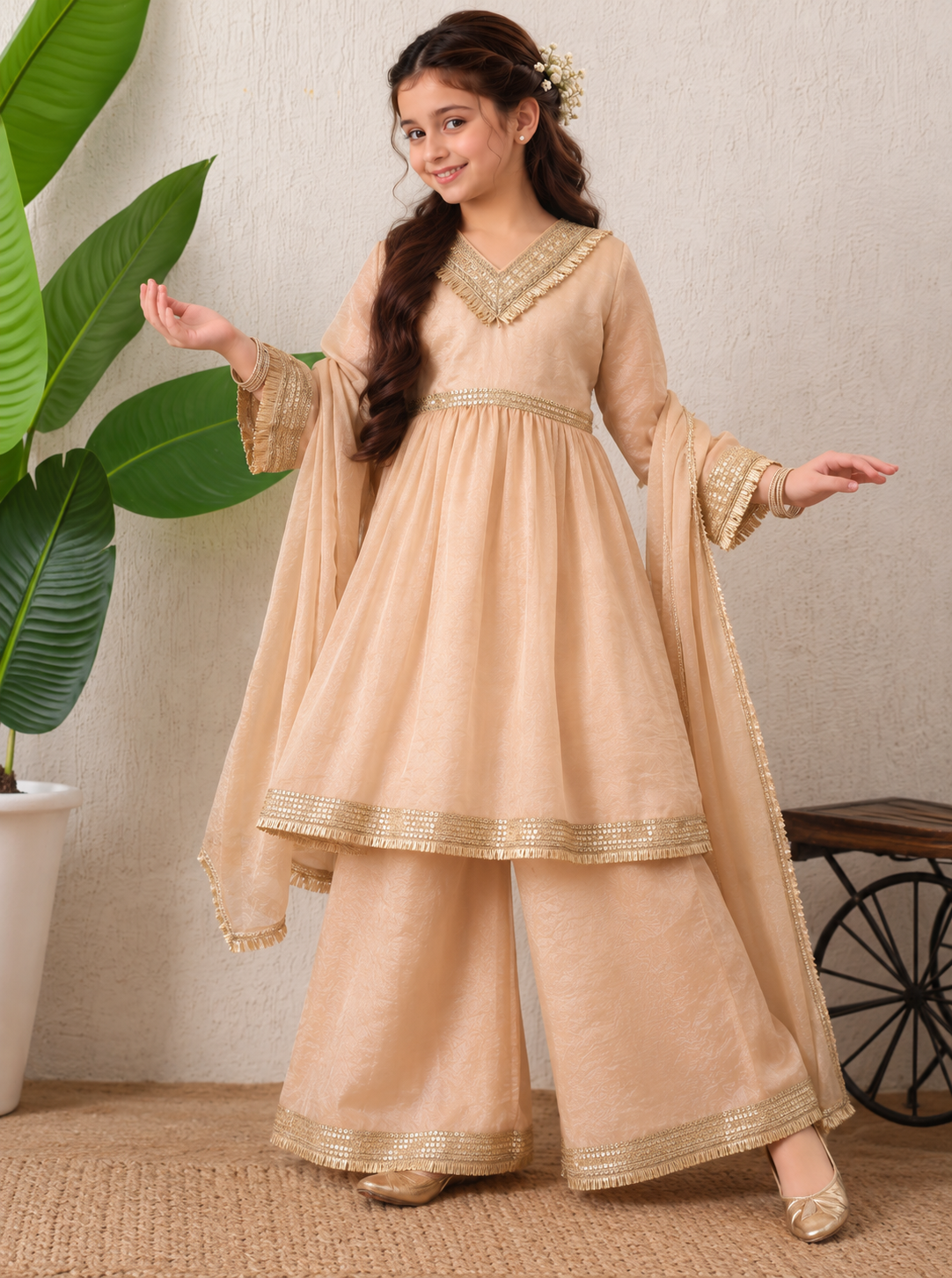 Girls Solid Sequinned Poly Silk A-Line Kurta with Sharara & Dupatta