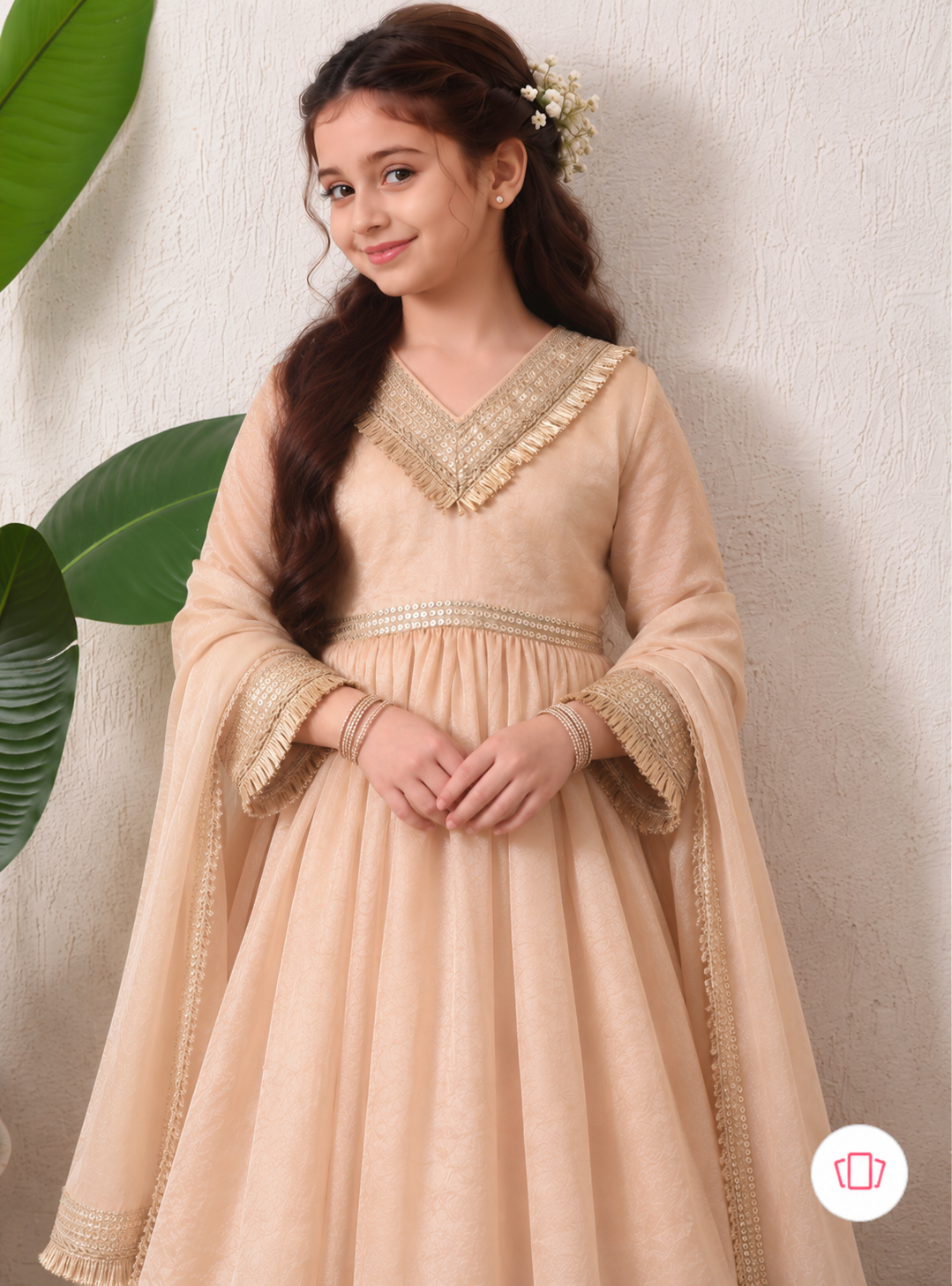 Girls Solid Sequinned Poly Silk A-Line Kurta with Sharara & Dupatta