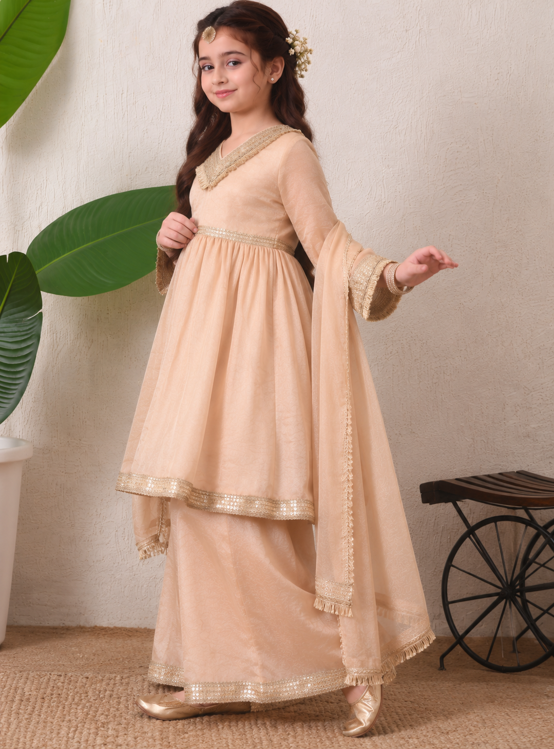Girls Solid Sequinned Poly Silk A-Line Kurta with Sharara & Dupatta
