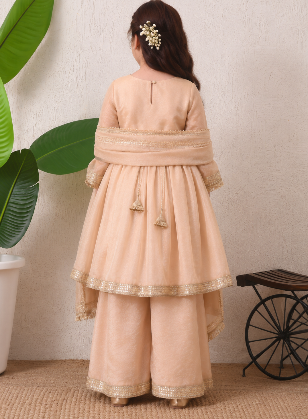Girls Solid Sequinned Poly Silk A-Line Kurta with Sharara & Dupatta
