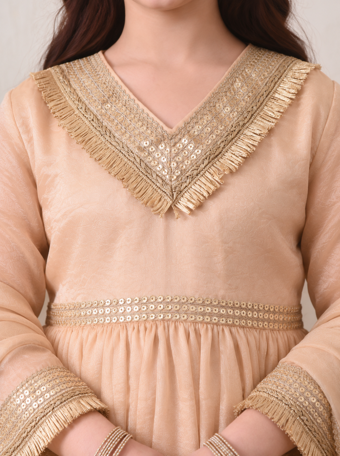 Girls Solid Sequinned Poly Silk A-Line Kurta with Sharara & Dupatta