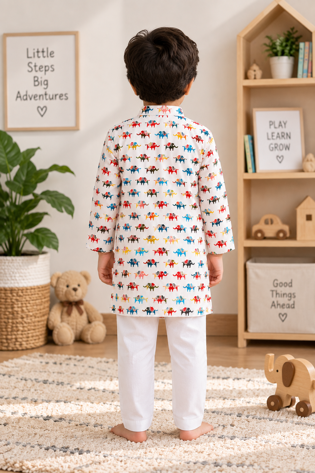 Boys Elephant Printed 100% Cotton Kurta with Pyjamas