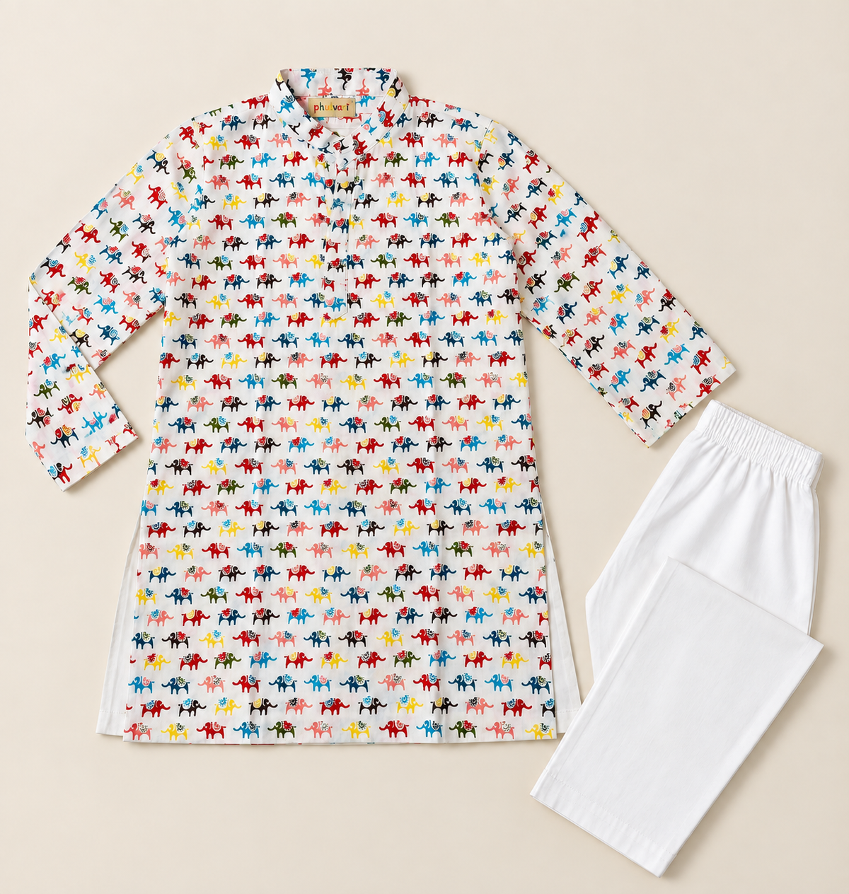 Boys Elephant Printed 100% Cotton Kurta with Pyjamas