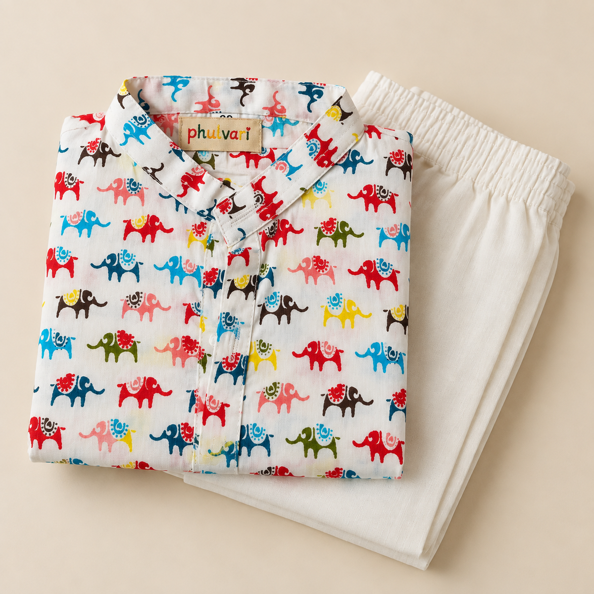 Boys Elephant Printed 100% Cotton Kurta with Pyjamas