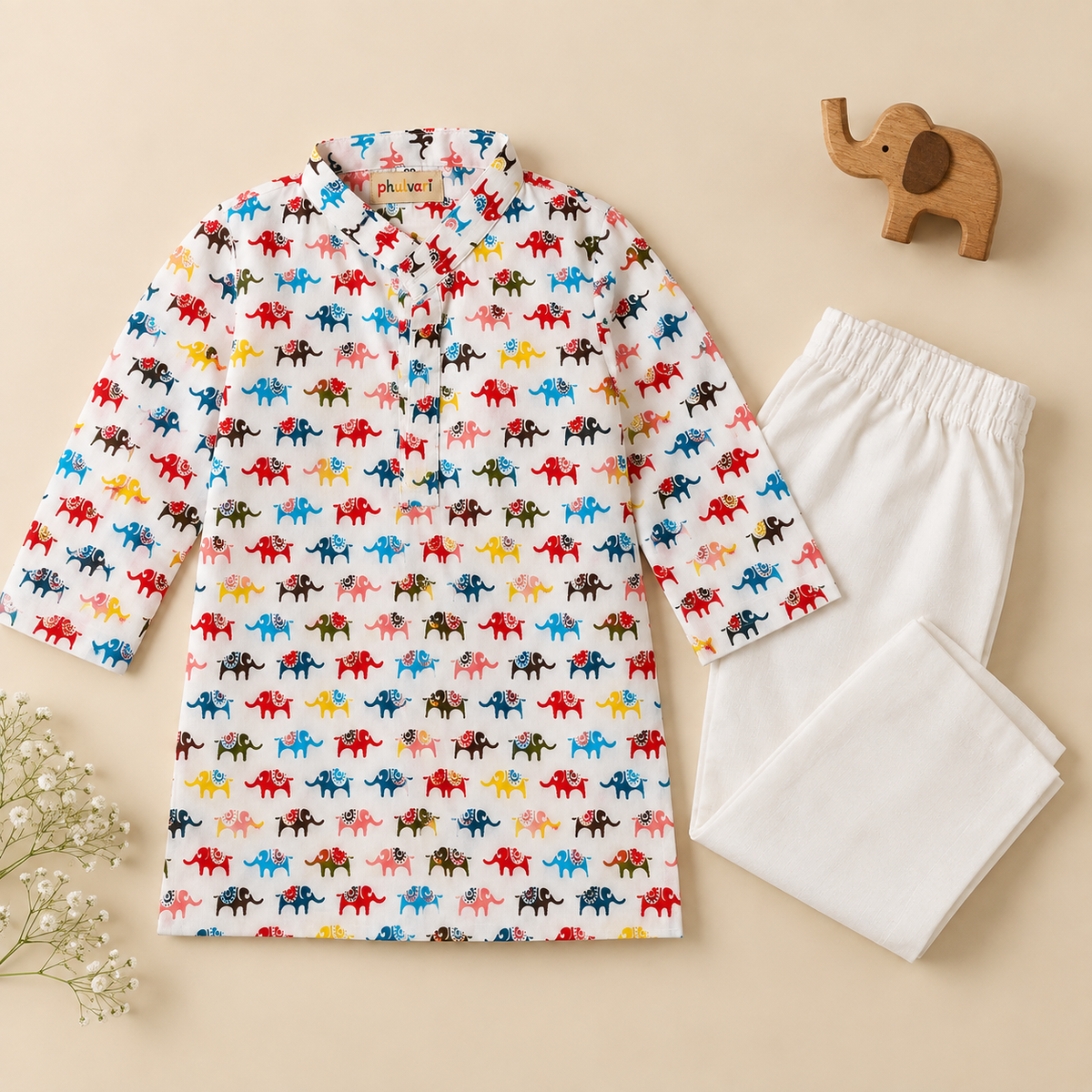 Boys Elephant Printed 100% Cotton Kurta with Pyjamas