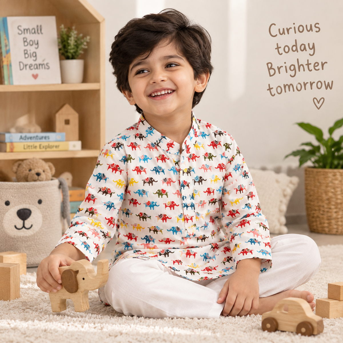 Boys Elephant Printed 100% Cotton Kurta with Pyjamas