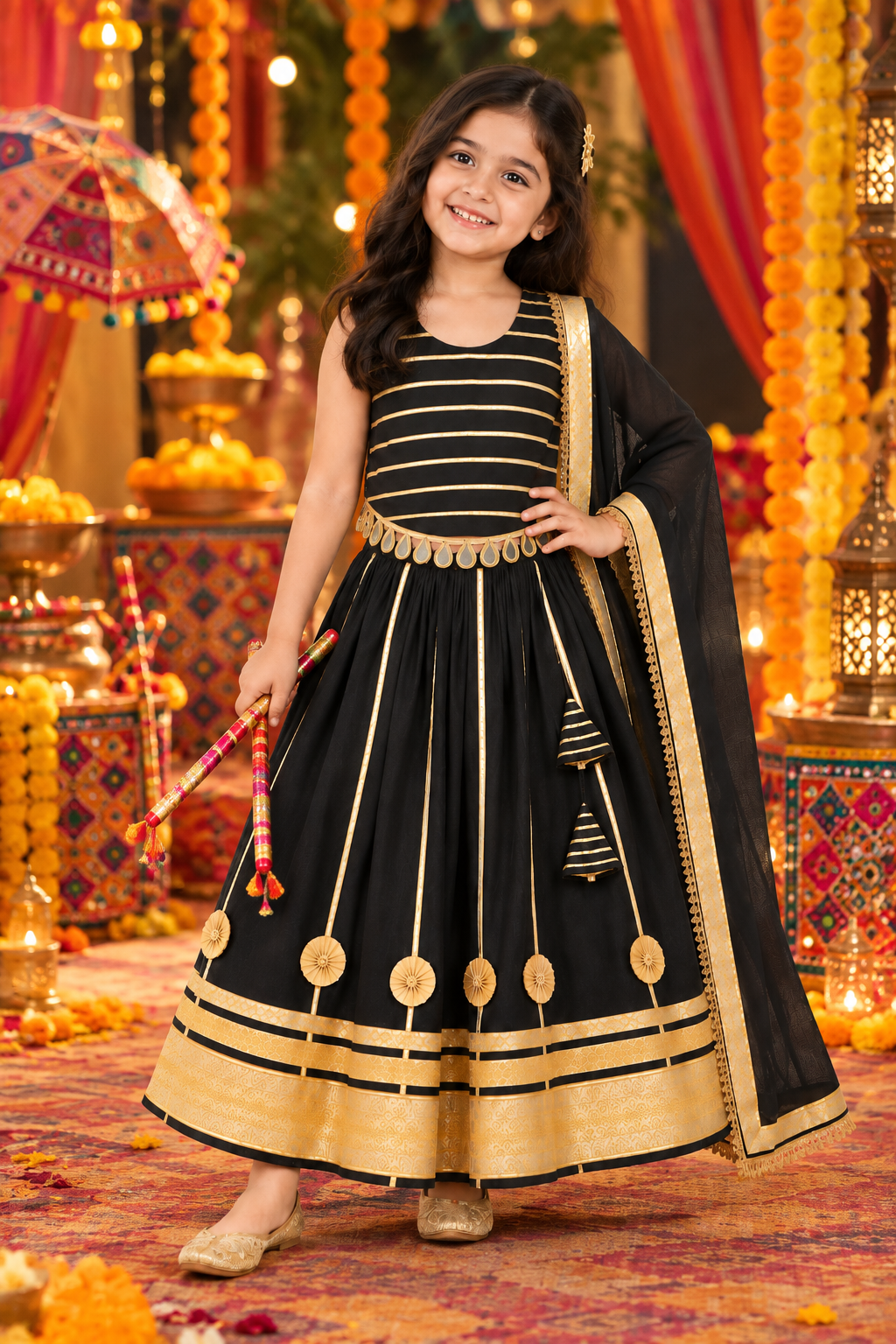 Girls Black Gota Patti Navratri Lehenga Choli with Dupatta
