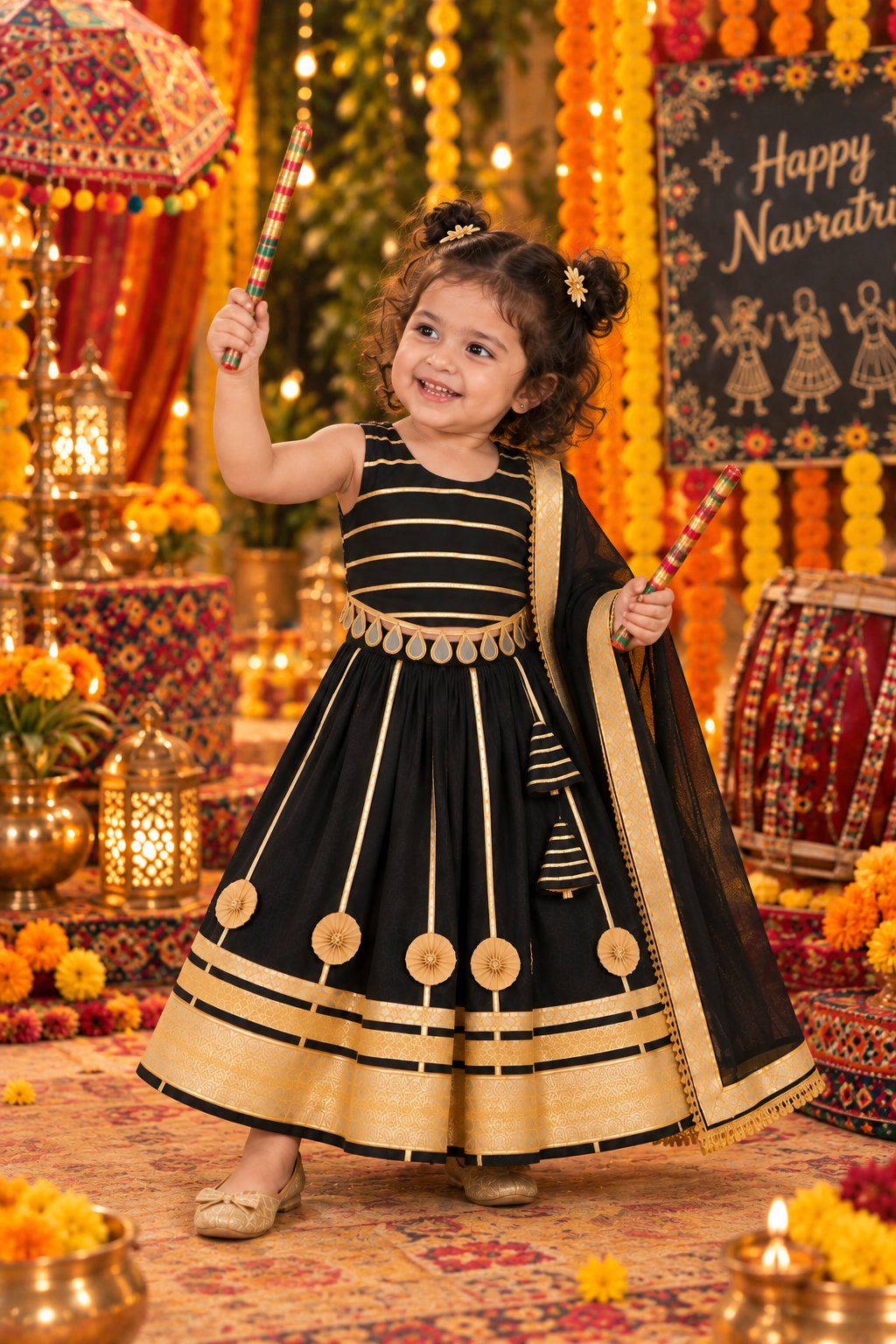 Girls Black Gota Patti Navratri Lehenga Choli with Dupatta