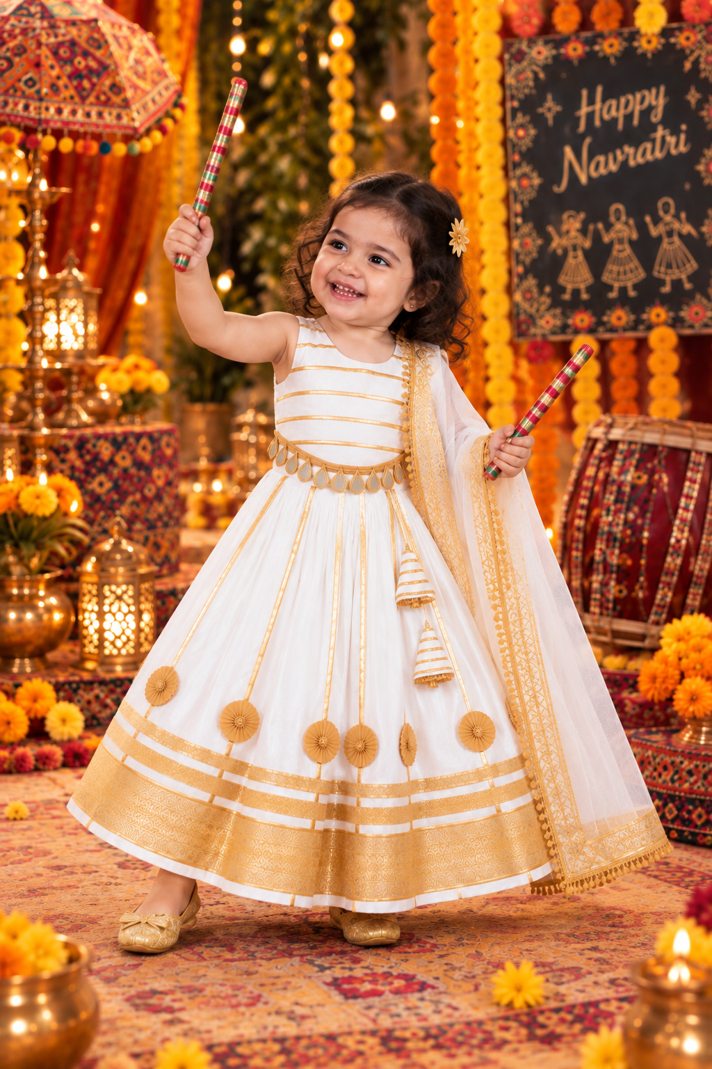 Girls Ivory & Gold 100% Cotton Lehenga Choli with Dupatta