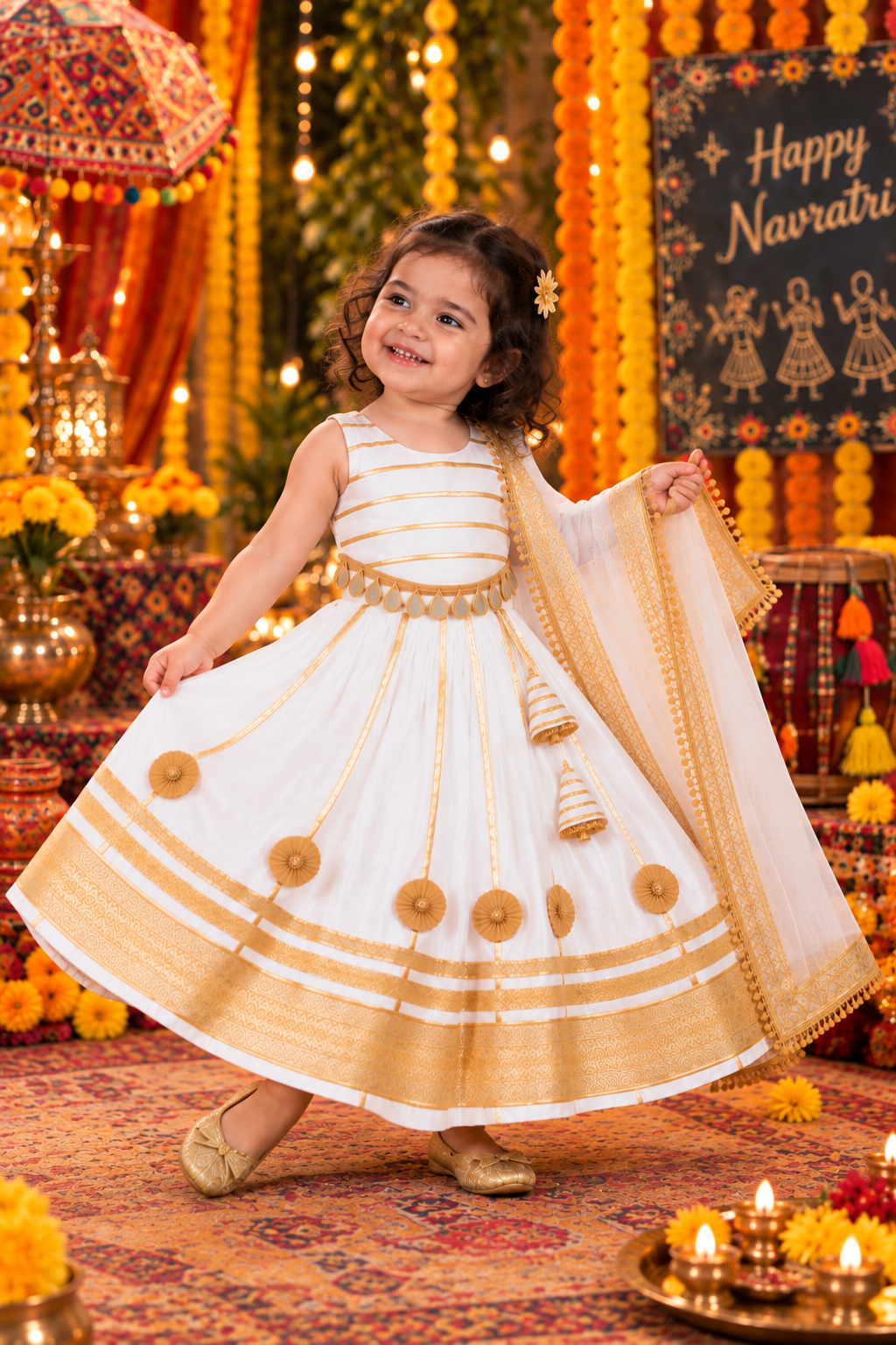 Girls Ivory & Gold 100% Cotton Lehenga Choli with Dupatta