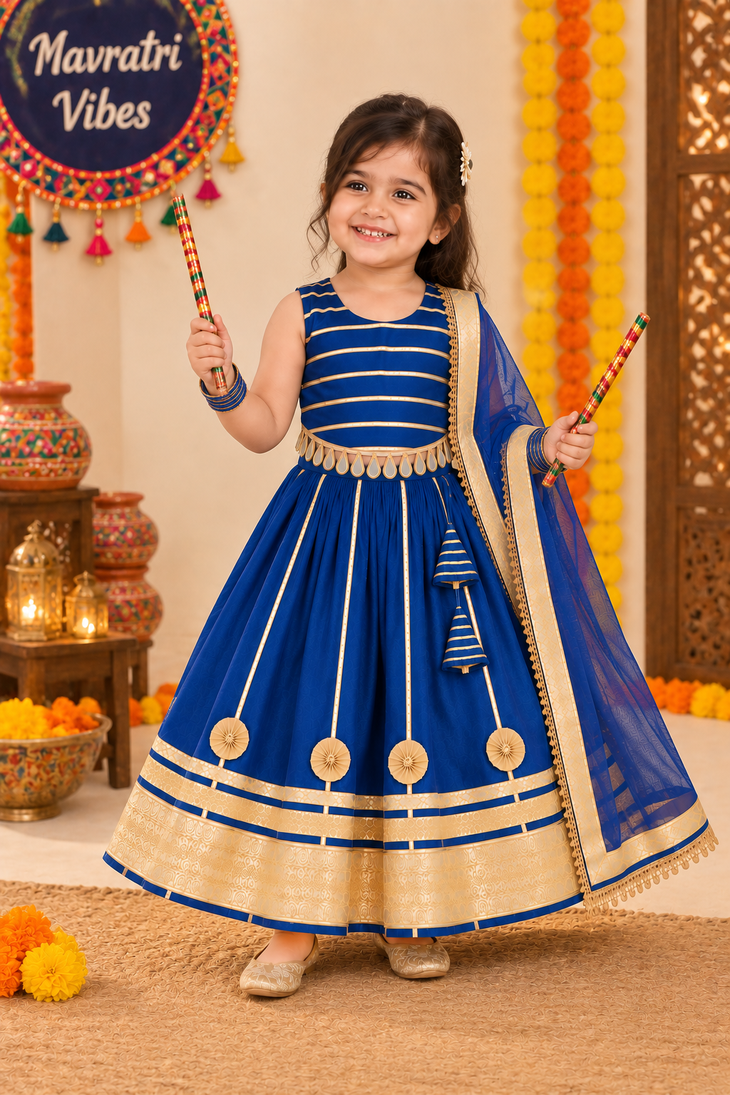 Girls Royal Blue Gota Patti Navratri Lehenga Choli with Dupatta