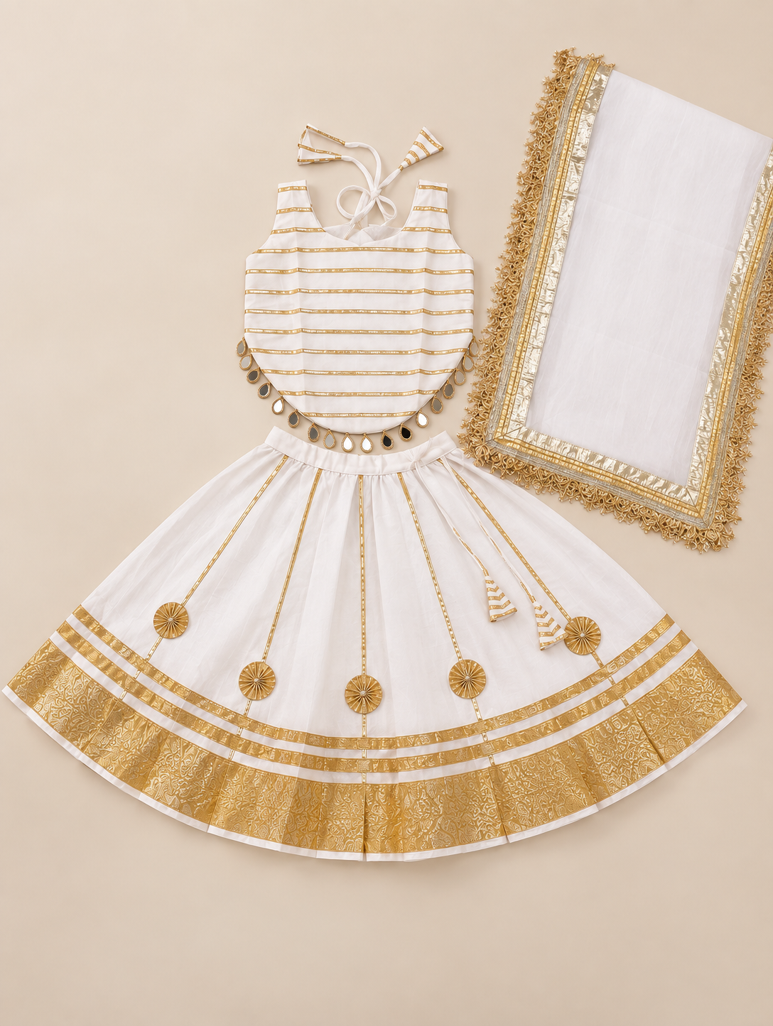 Girls Ivory & Gold 100% Cotton Lehenga Choli with Dupatta