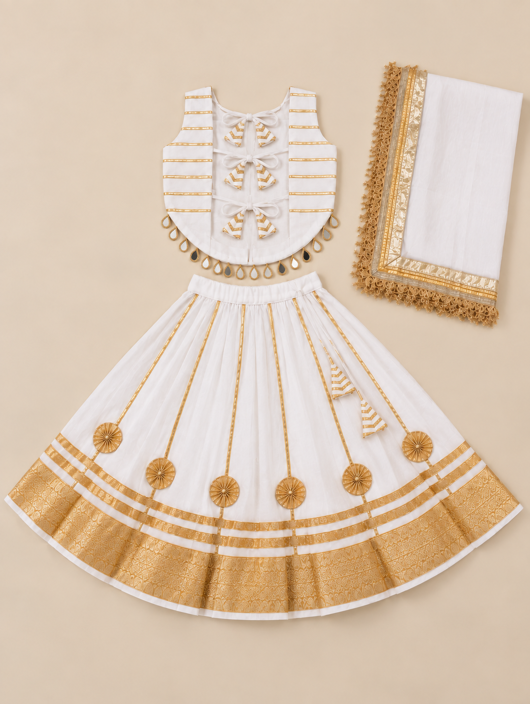 Girls Ivory & Gold 100% Cotton Lehenga Choli with Dupatta